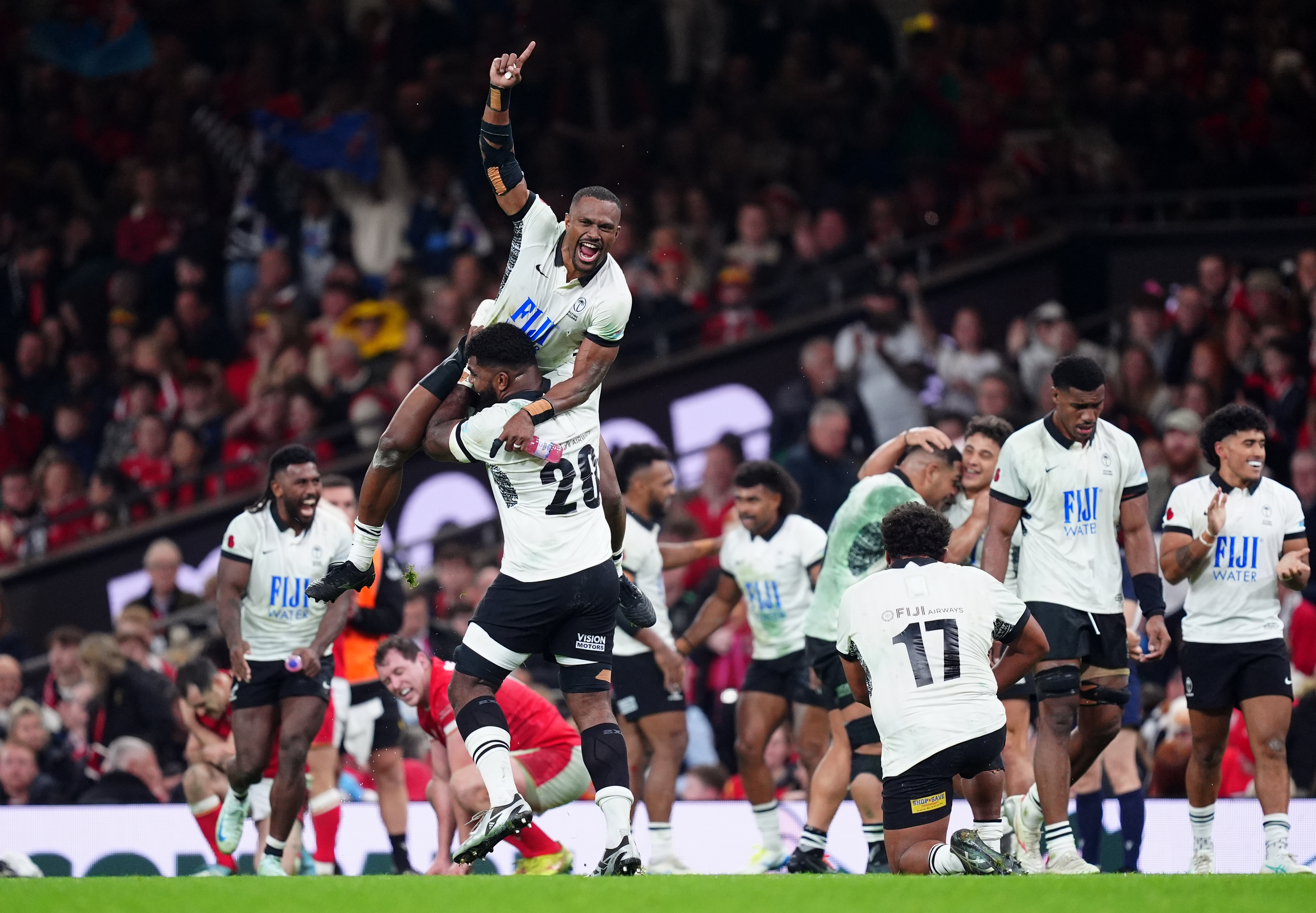 Fiji's Jiuta Wainiqolo celebrates their side's win over Wales. Photo / Getty Images