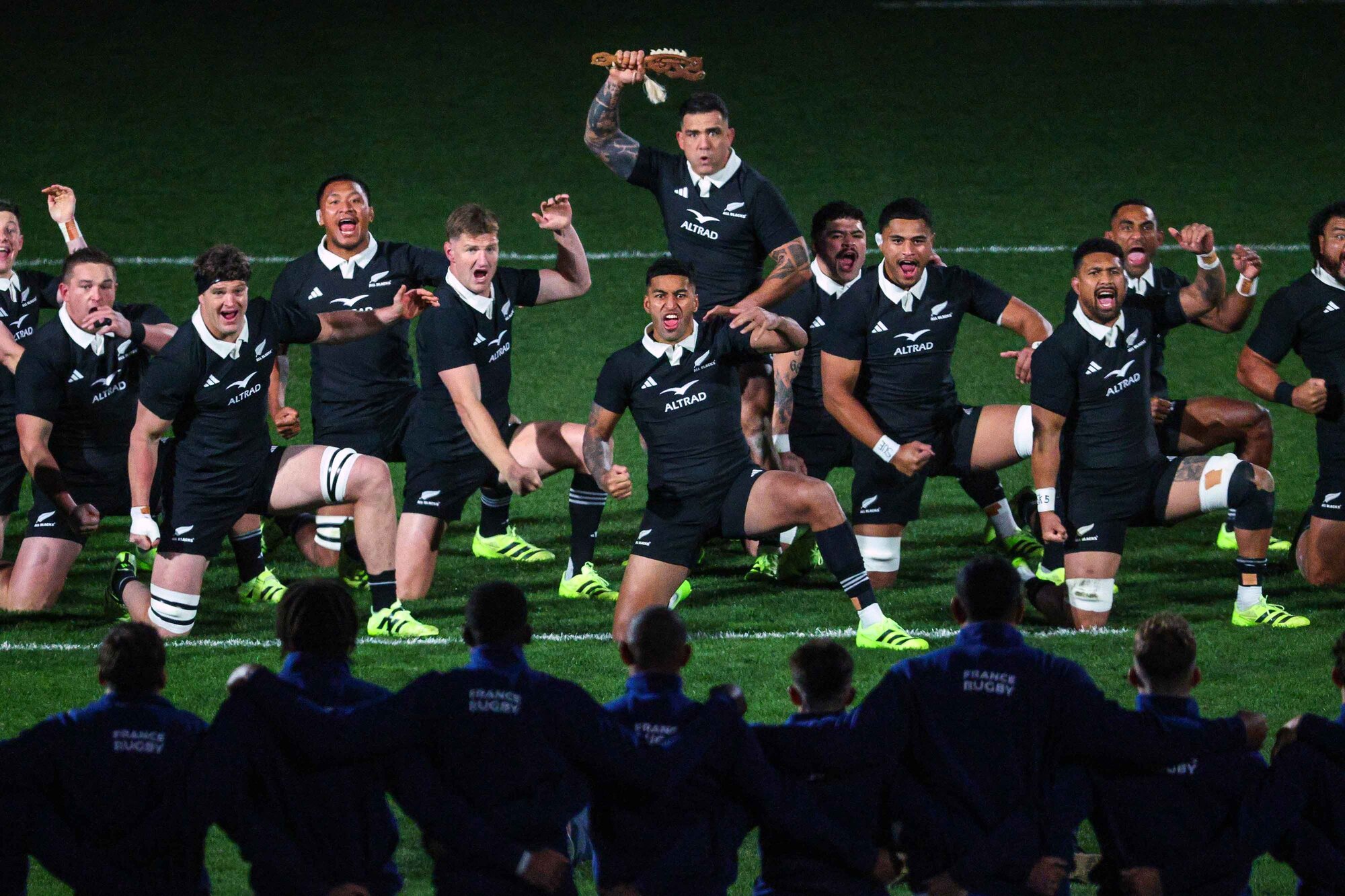 Codie Taylor leads the All Blacks haka ahead of a test against France in July. Photo / Photosport