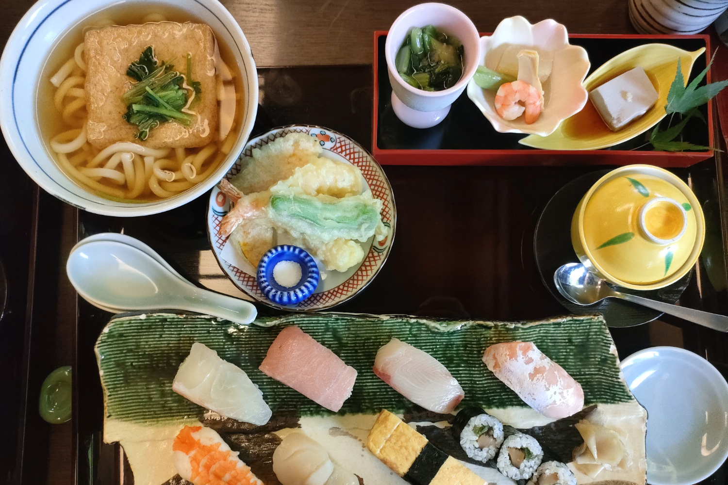 Set lunch at Ganko Takasegawa Nijo-en, a restaurant with a river garden in an ancient Kyoto mansion.