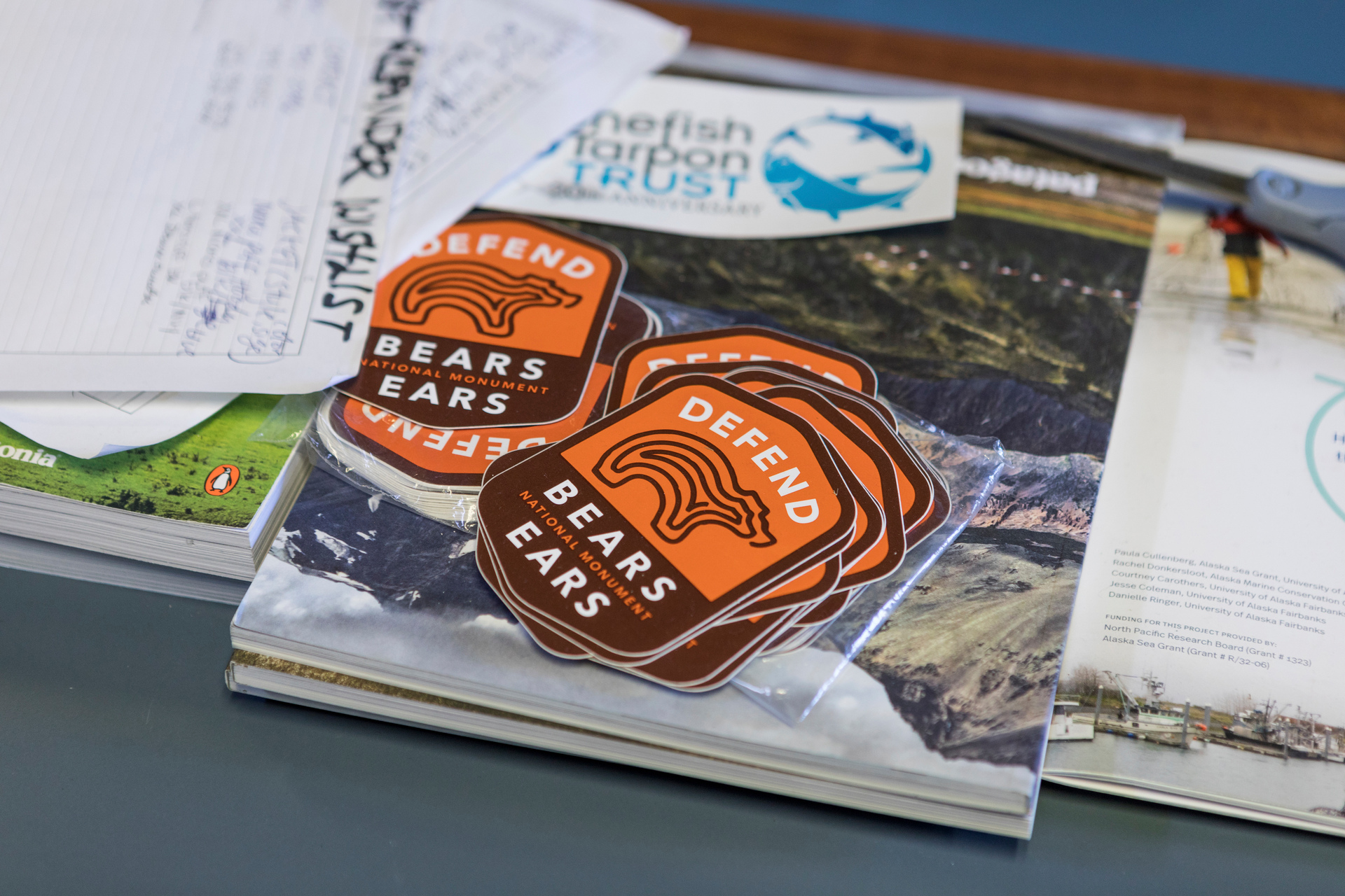 Stickers advocating protecting Bears Ears National Monument, which Patagonia sued the Trump administration in a bid to protect. Photo / Laure Joliet, The New York Times