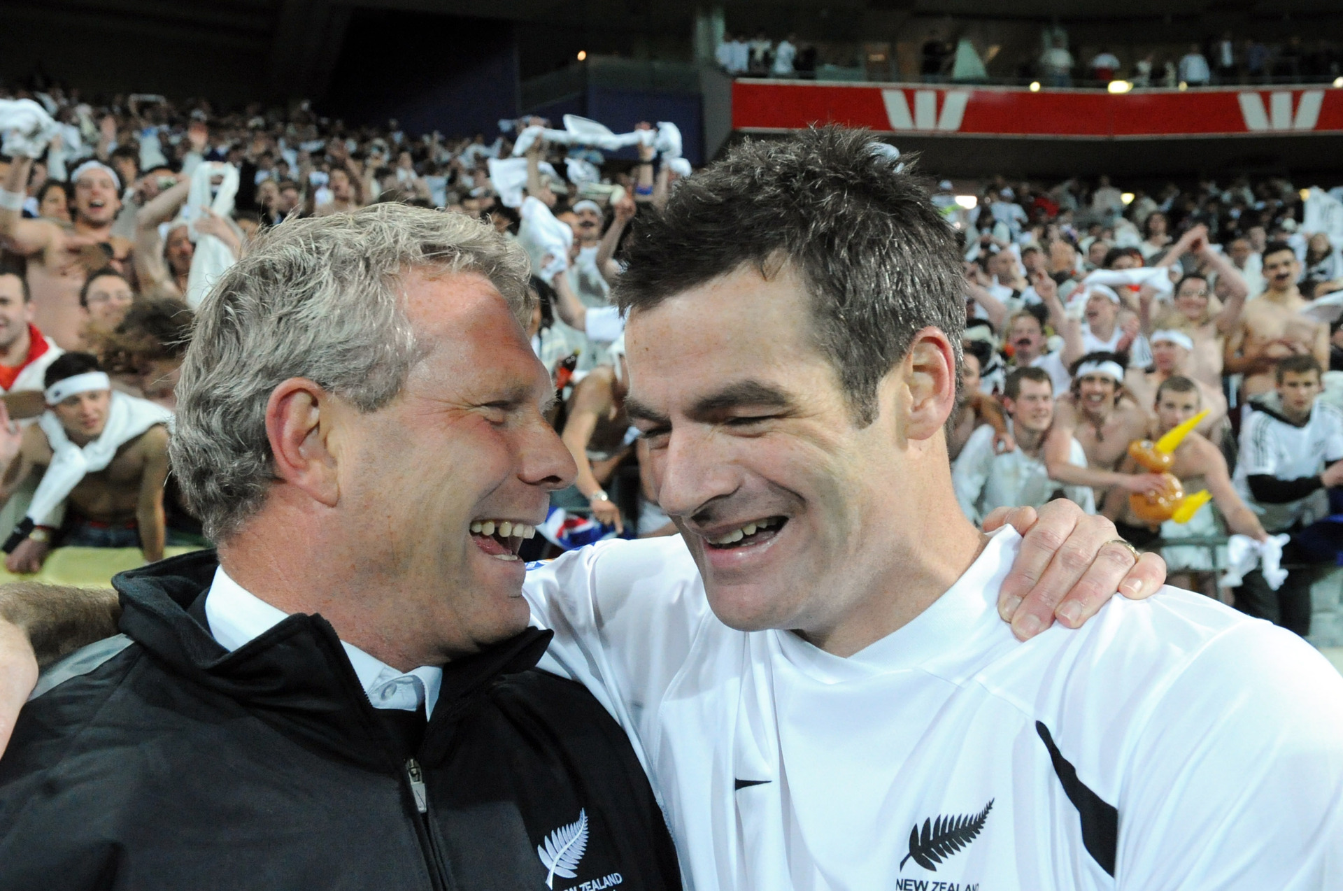 New Zealand coach Ricki Herbert, left and captain Ryan Nelsen after their teams 1-0 defeat of Bahrain in the World Cup qualifying match in 2009. Photo / Ross Setford.