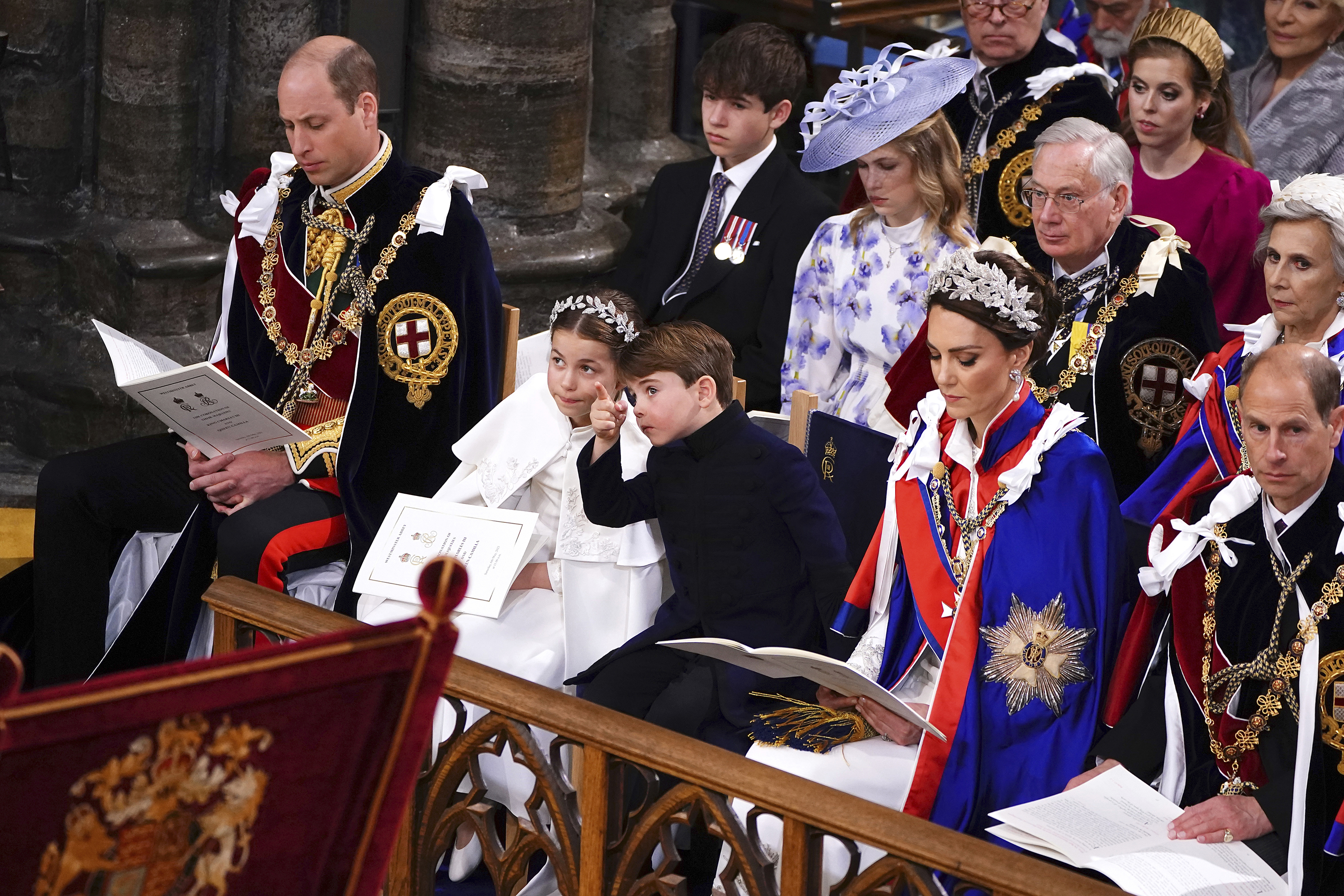 Prince William, Princess Charlotte, Prince Louis, Princess Catherine and the Prince Edward Duke of Edinburgh at the coronation ceremony of King Charles. Photo / AP