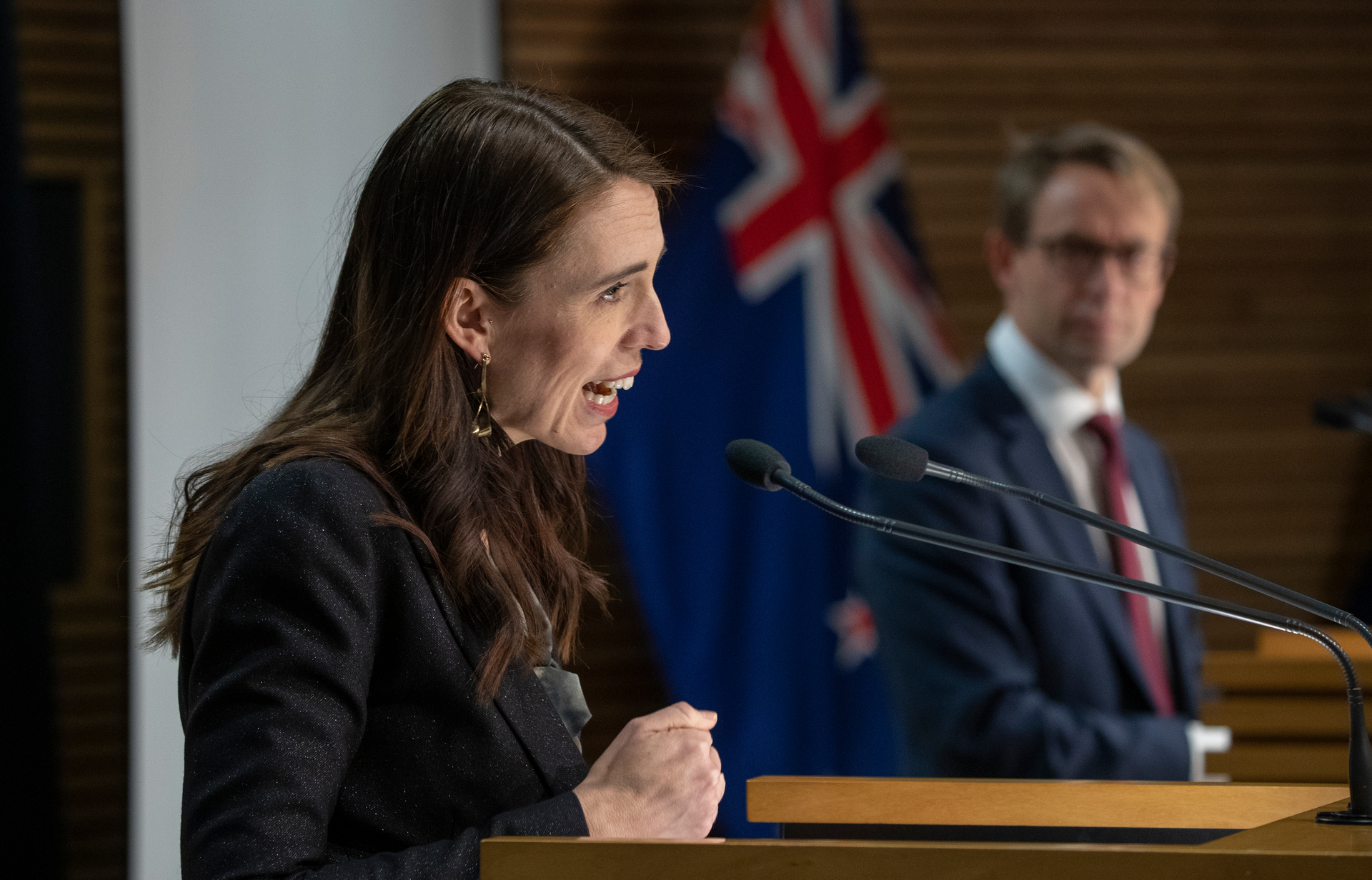 Prime Minister Jacinda Ardern and director general of health Dr Ashley Bloomfield address media on the first day of New Zealand's Delta lockdown, on August 18, 2021. Photo / Mark Mitchell