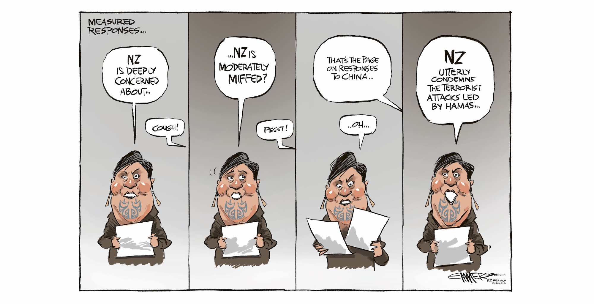 NZ Foreign Minister Nanaia Mahuta's initial response to the Hamas attack on Israel was very tame in comparison to Chris Hipkins. She later fronted up with a matching condemnation. Illustration / Rod Emmerson