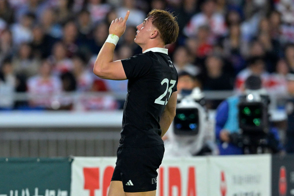 Ruben Love celebrates after scoring on debut for the All Blacks against Japan. Photo / Getty Images