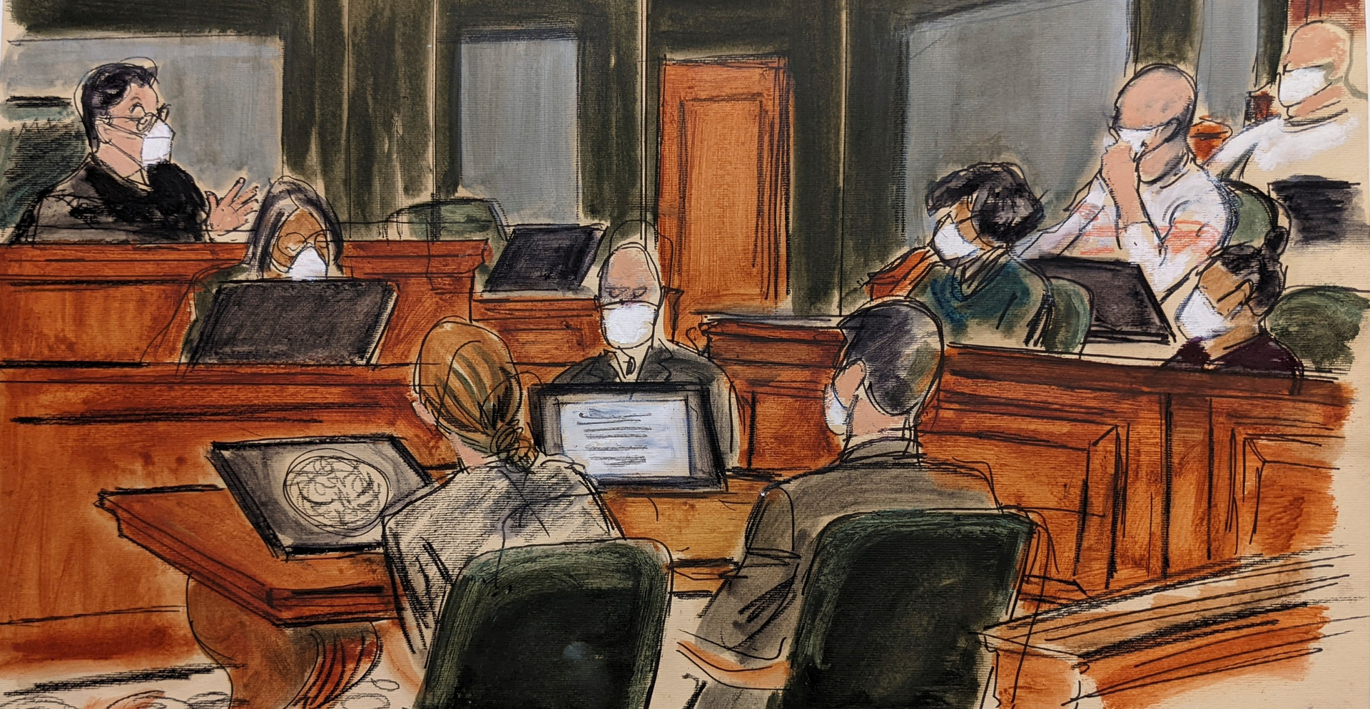Judge Alison Nathan (far left), speaks to the jury about the new deliberations schedule and the court's concern regarding the recent Covid-19 outbreak. Photo / AP