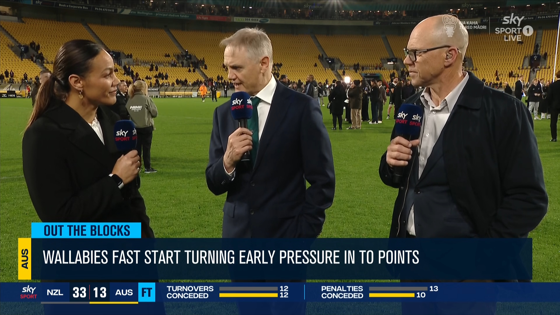 Sky hosts Honey Hireme-Smiler (left) and former All Black Jeff Wilson (right) interview Wallabies coach Joe Schmidt. 