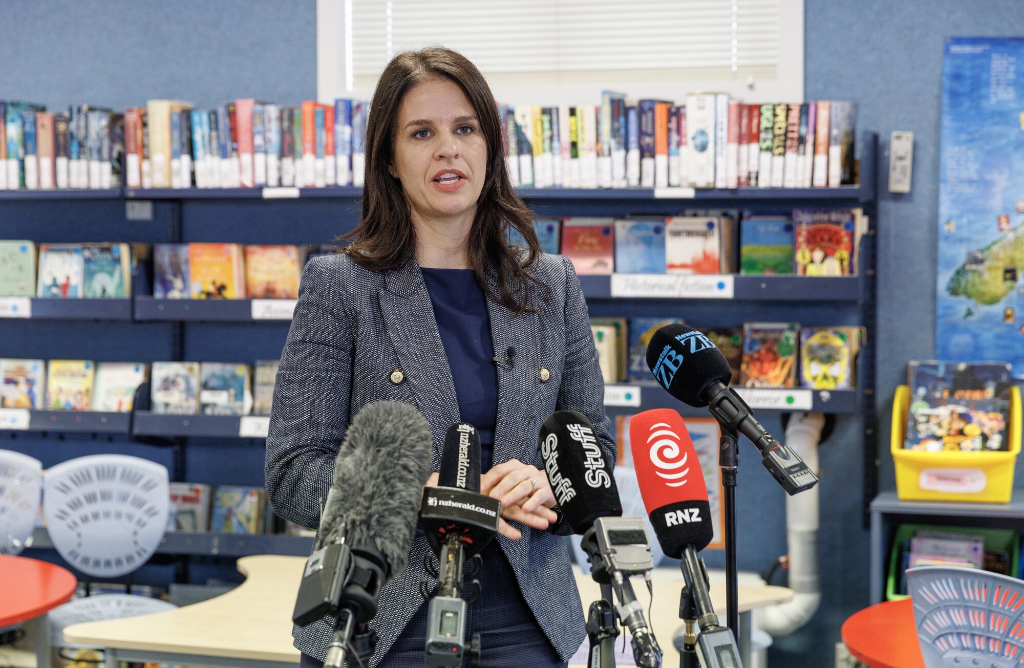 Education Minister Erica Stanford at Brooklyn School in Wellington on Tuesday announcing plans to improve students' writing abilities. Photo / Mark Mitchell