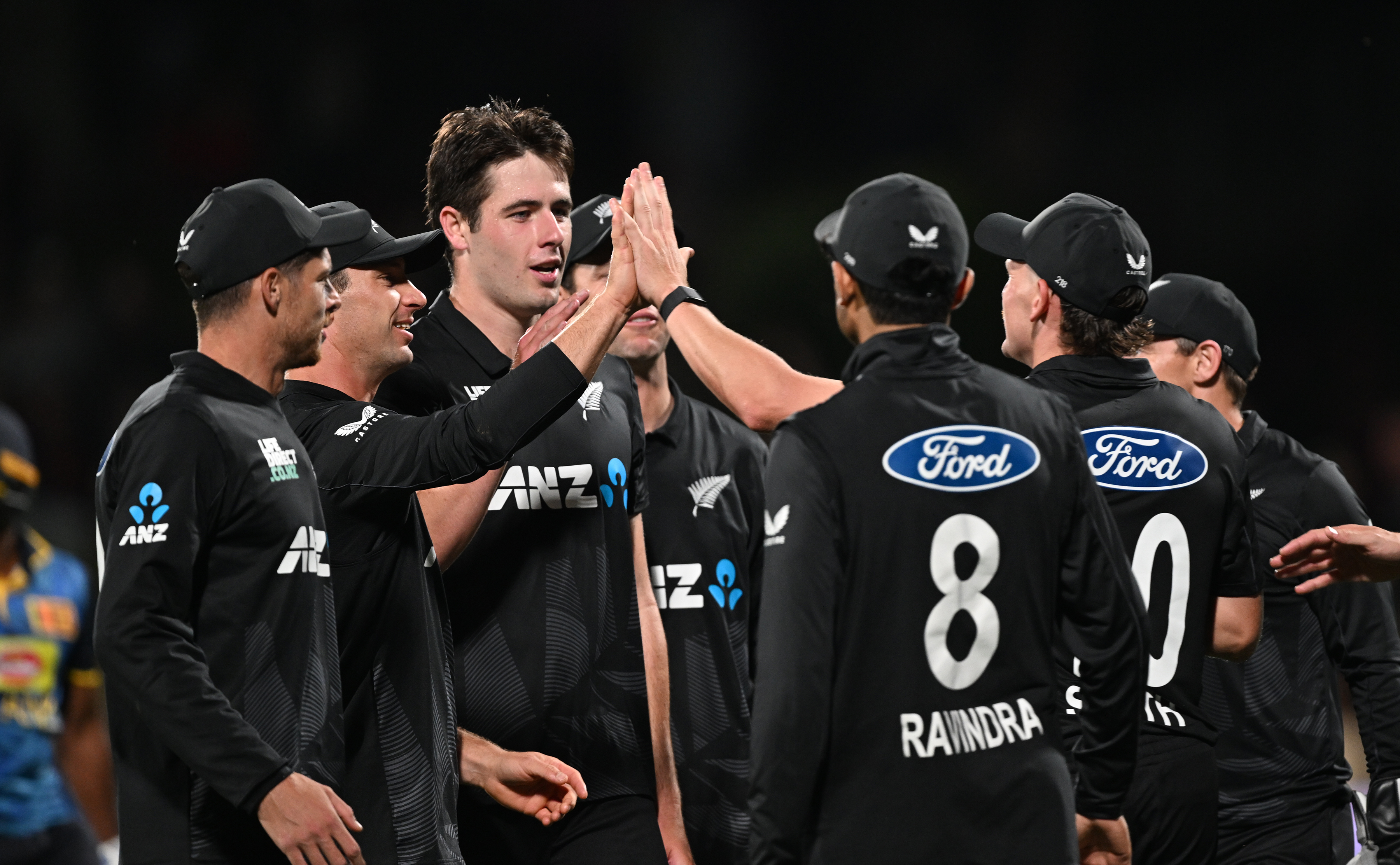 The Black Caps celebrate a wicket in the second ODI at Seddon Park. Photo / Photosport
