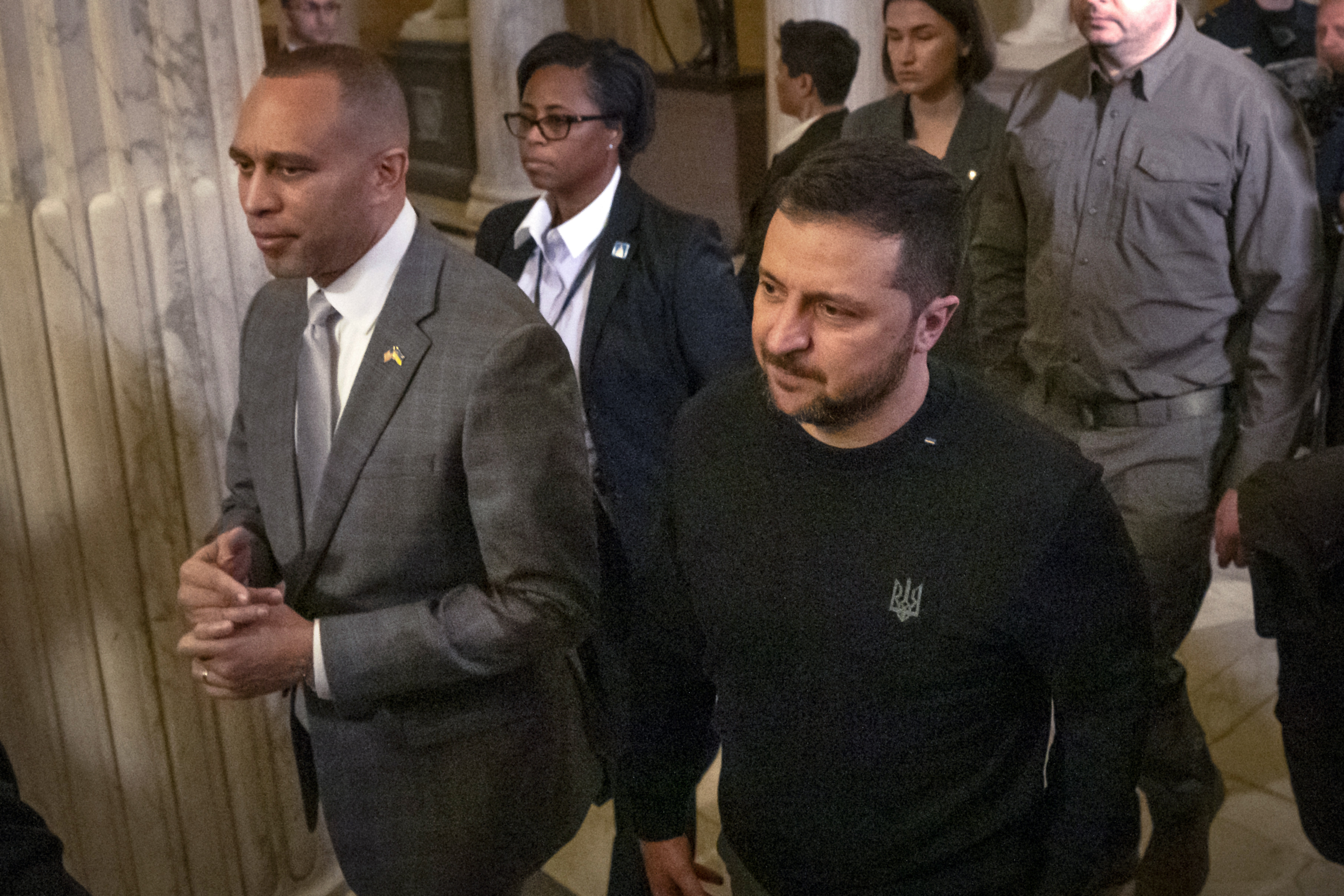 House Minority Leader Hakeem Jeffries of New York (left), and Ukrainian President Volodymyr Zelenskyy walk to a meeting at the Capitol. Photo / AP