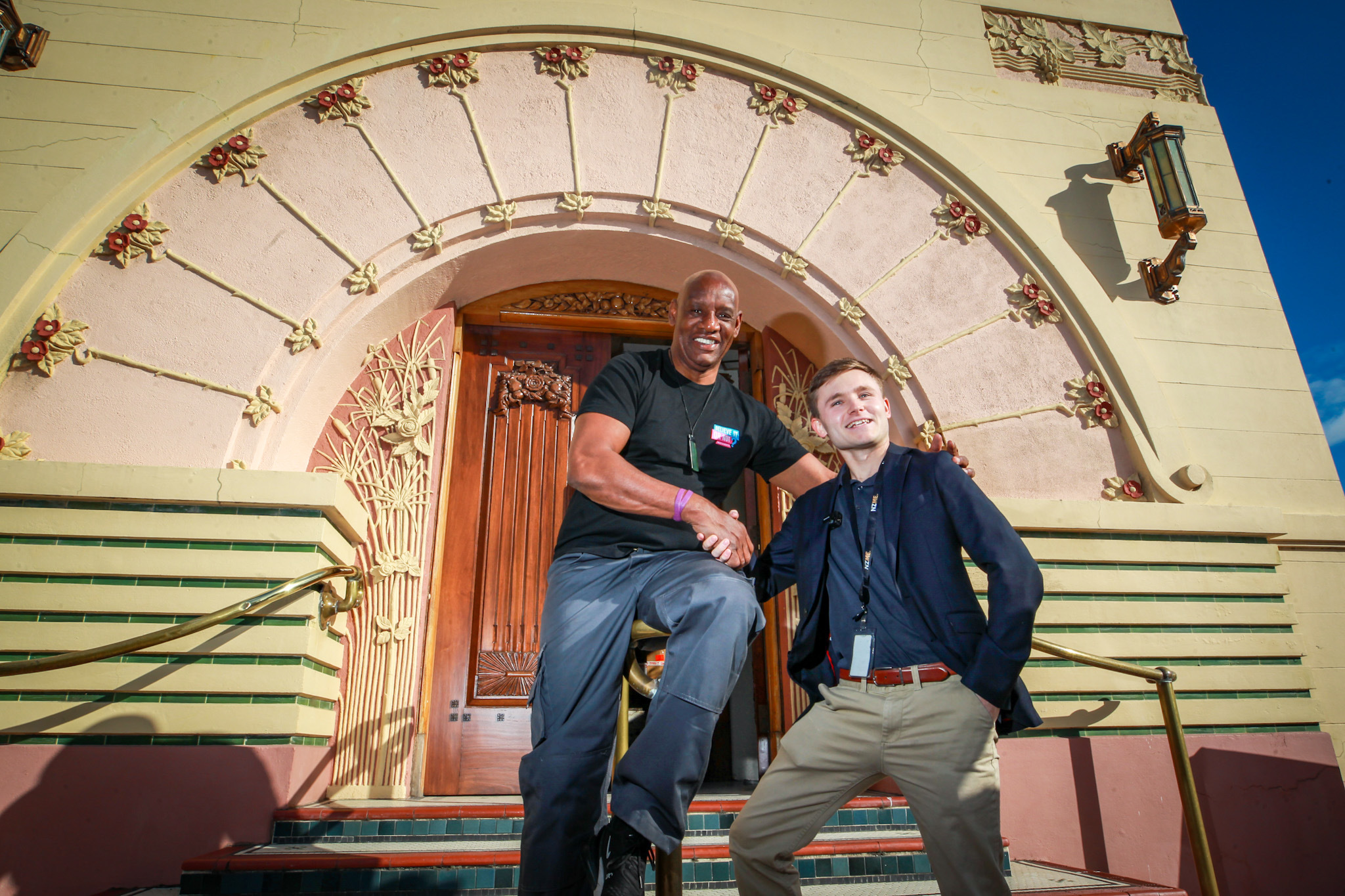 The Dark Destroyer and reporter Mitchell Hageman play nice before their battle. Photo / Paul Taylor
