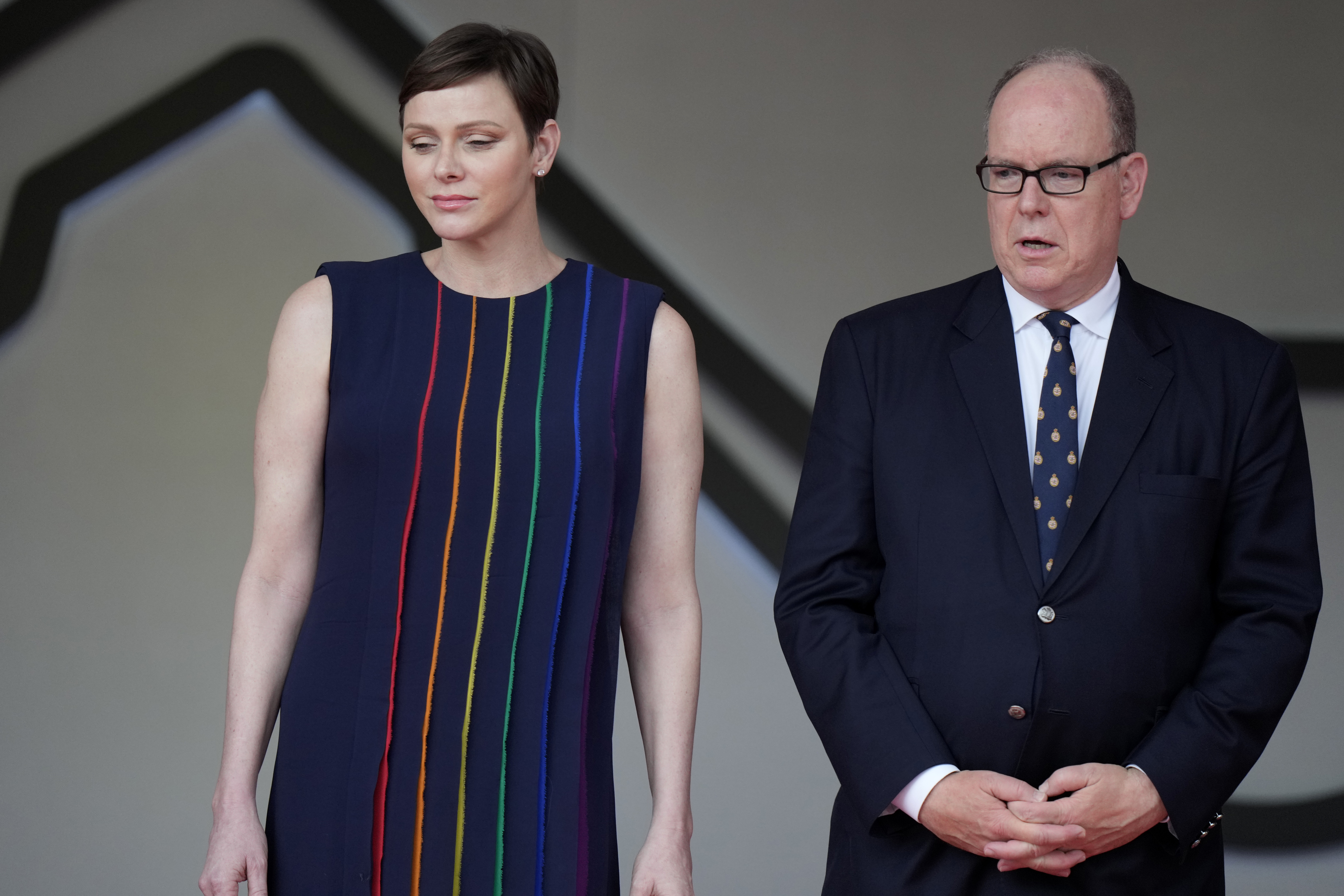Prince Albert II of Monaco and his wife Princess Charlene prior to the presentation of the trophy during the Monaco Formula 1 Grand Prix at the Monaco racetrack in Monaco on Sunday, May 28, 2023. AP Photo / Luca Bruno