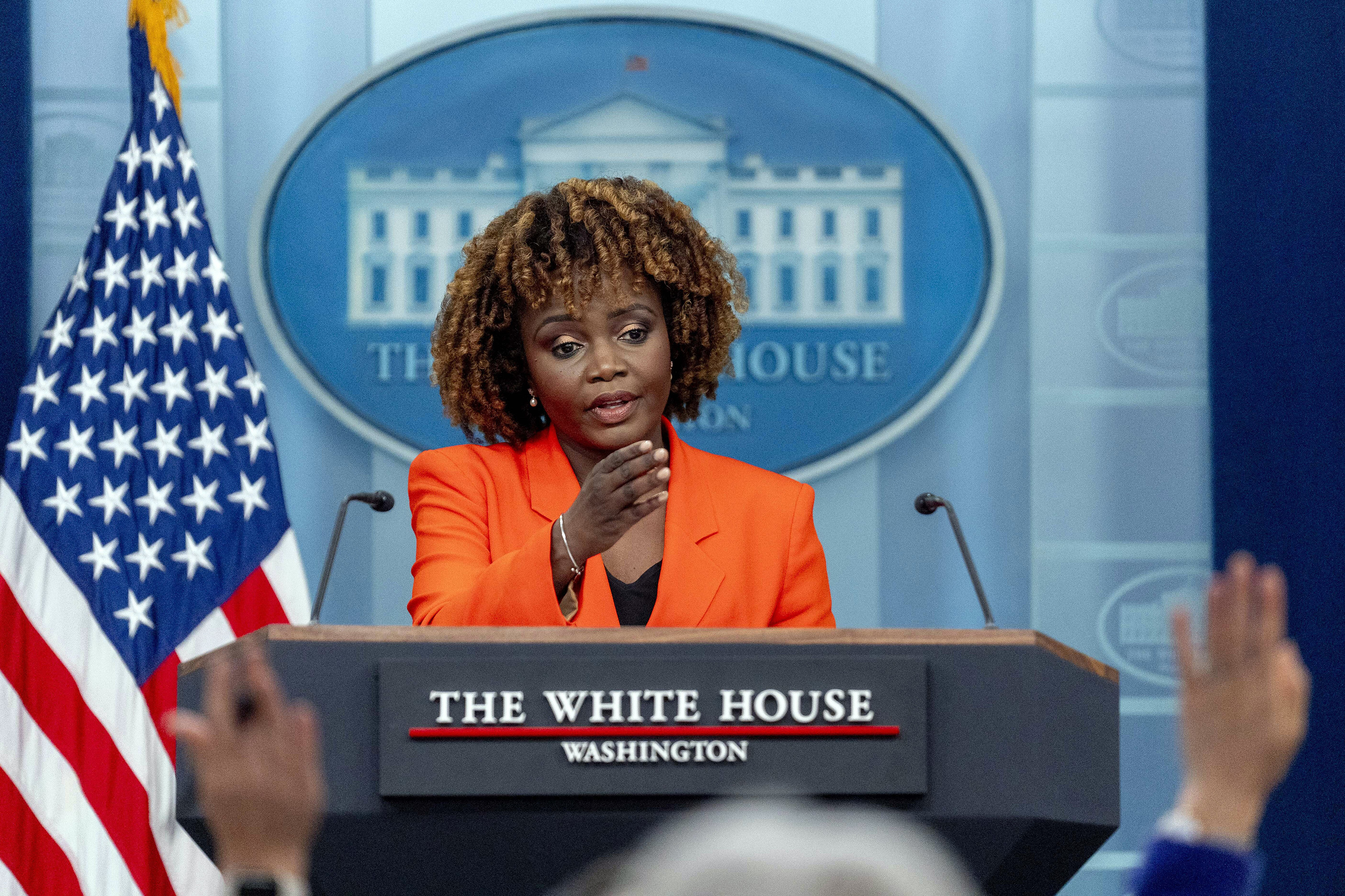 White House press secretary Karine Jean-Pierre takes a question from a reporter during a press briefing at the White House. Photo / AP