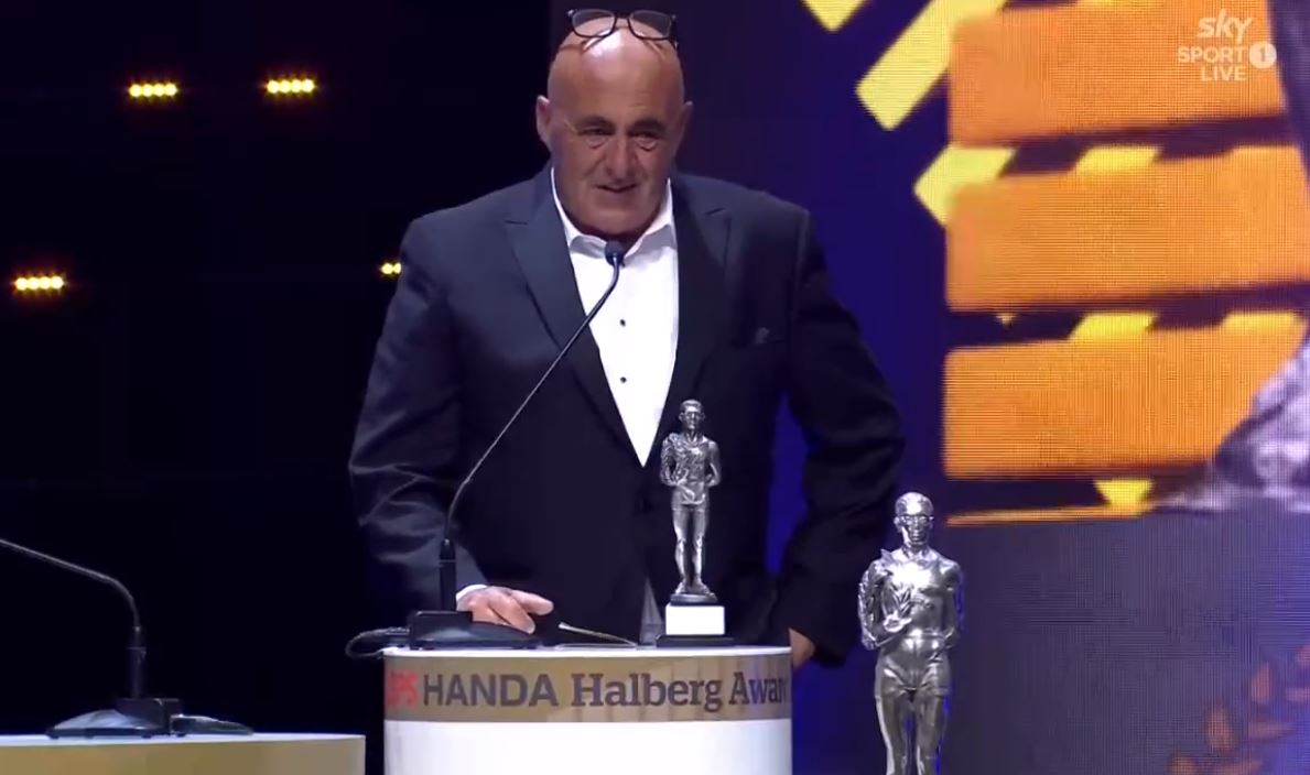 Sean Synnott was given the job of accepting daughter Zoi Sadowski-Synnott's two Halberg Awards. Safe to say it was rather colourful. Photo / Sky Sport
