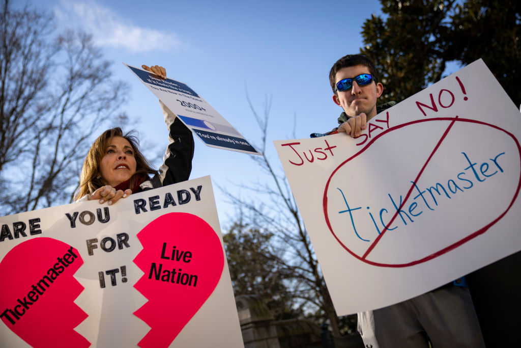 Penny Harrison and her son Parker Harrison rally against the live entertainment ticket industry outside the U.S. Capitol on January 24, 2023. Photo / Getty Images