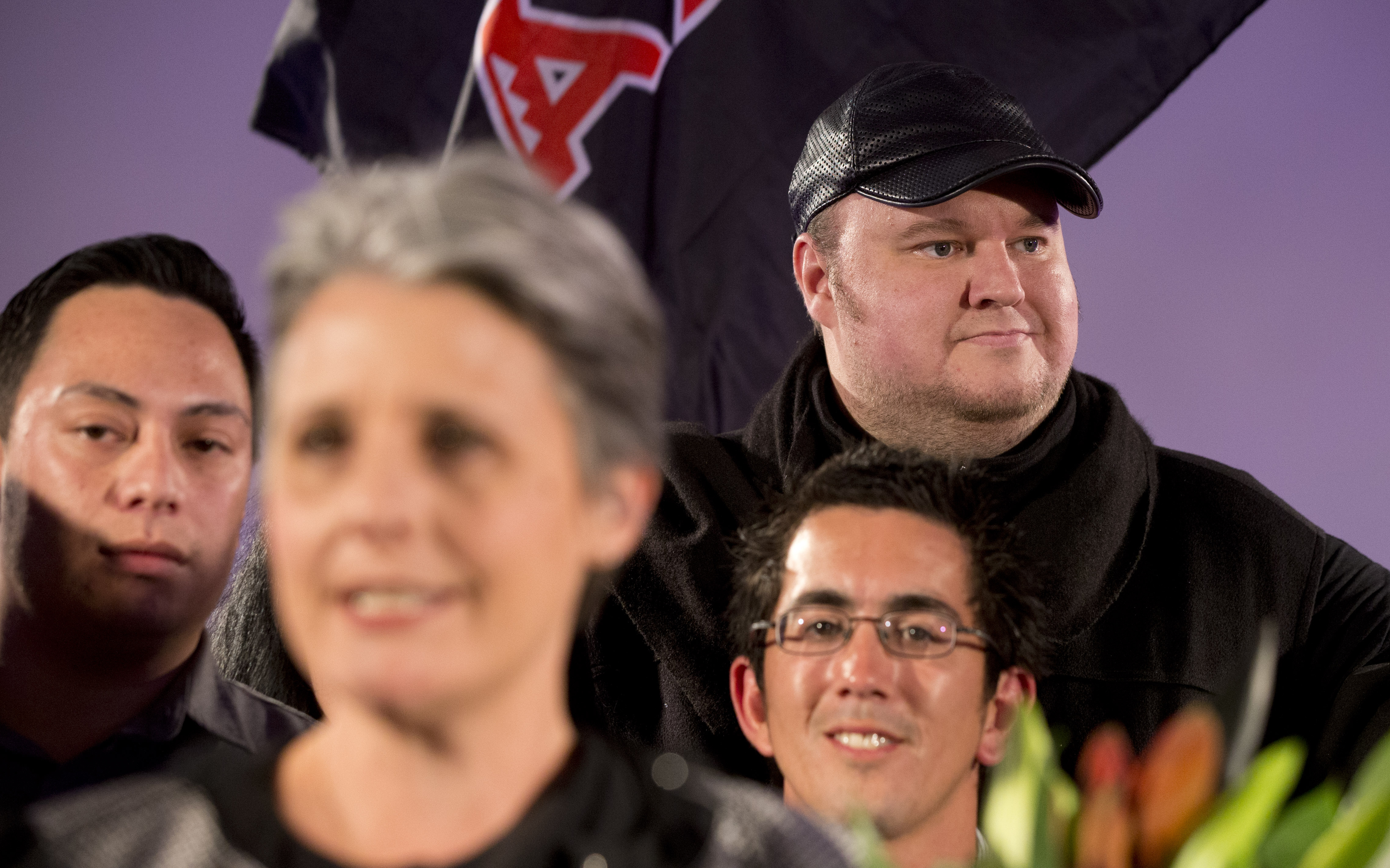 Internet Party leader Laila Harre speaks to supporters in 2014, watched by Kim Dotcom. Photo / Jason Oxenham.
