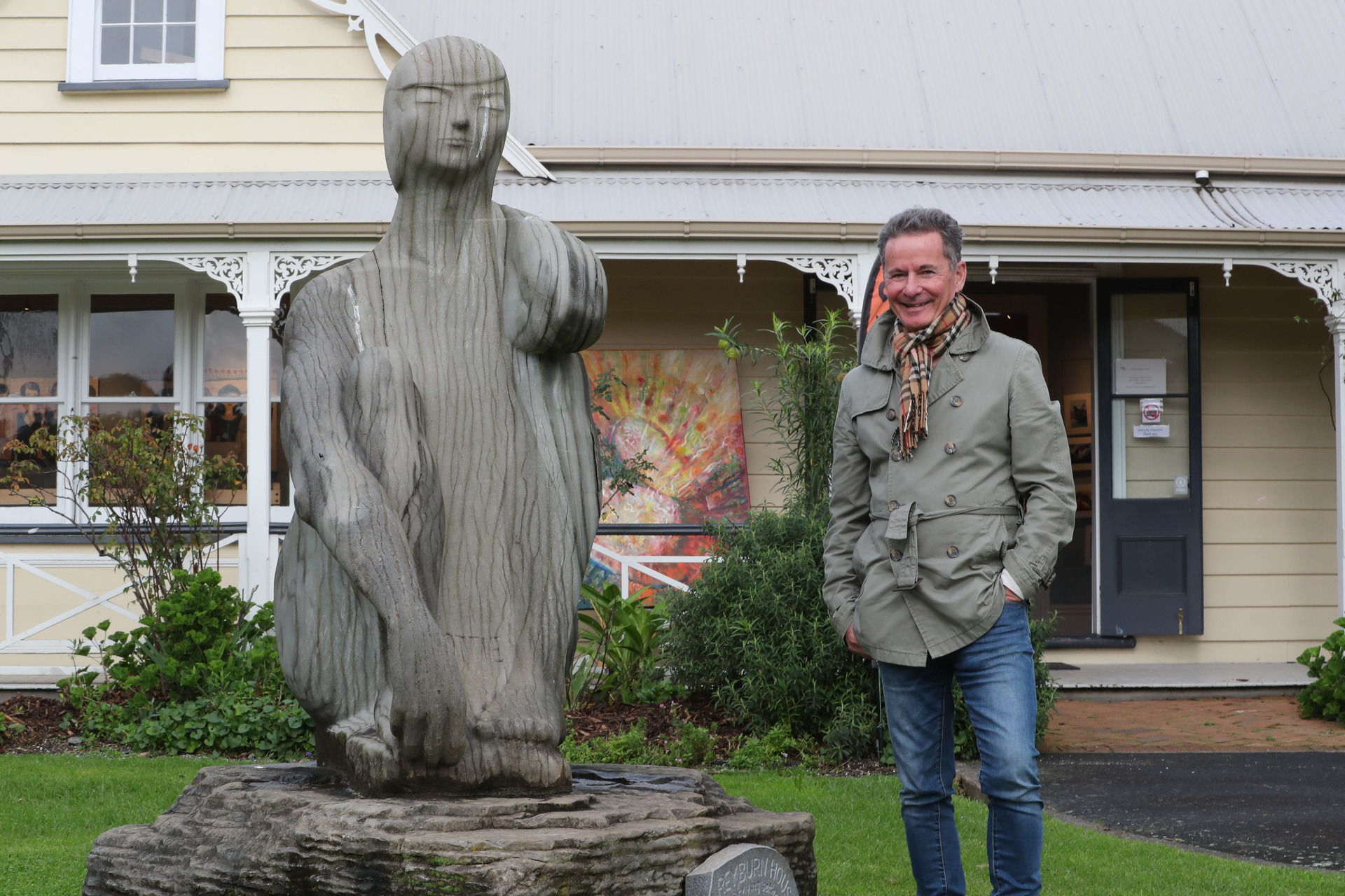 Scott Pothan with the sculpture his father Kap made, outside the Northland Arts Society's Reyburn House. His late mother Janet was deeply involved with the arts society. Photo / John Stone 