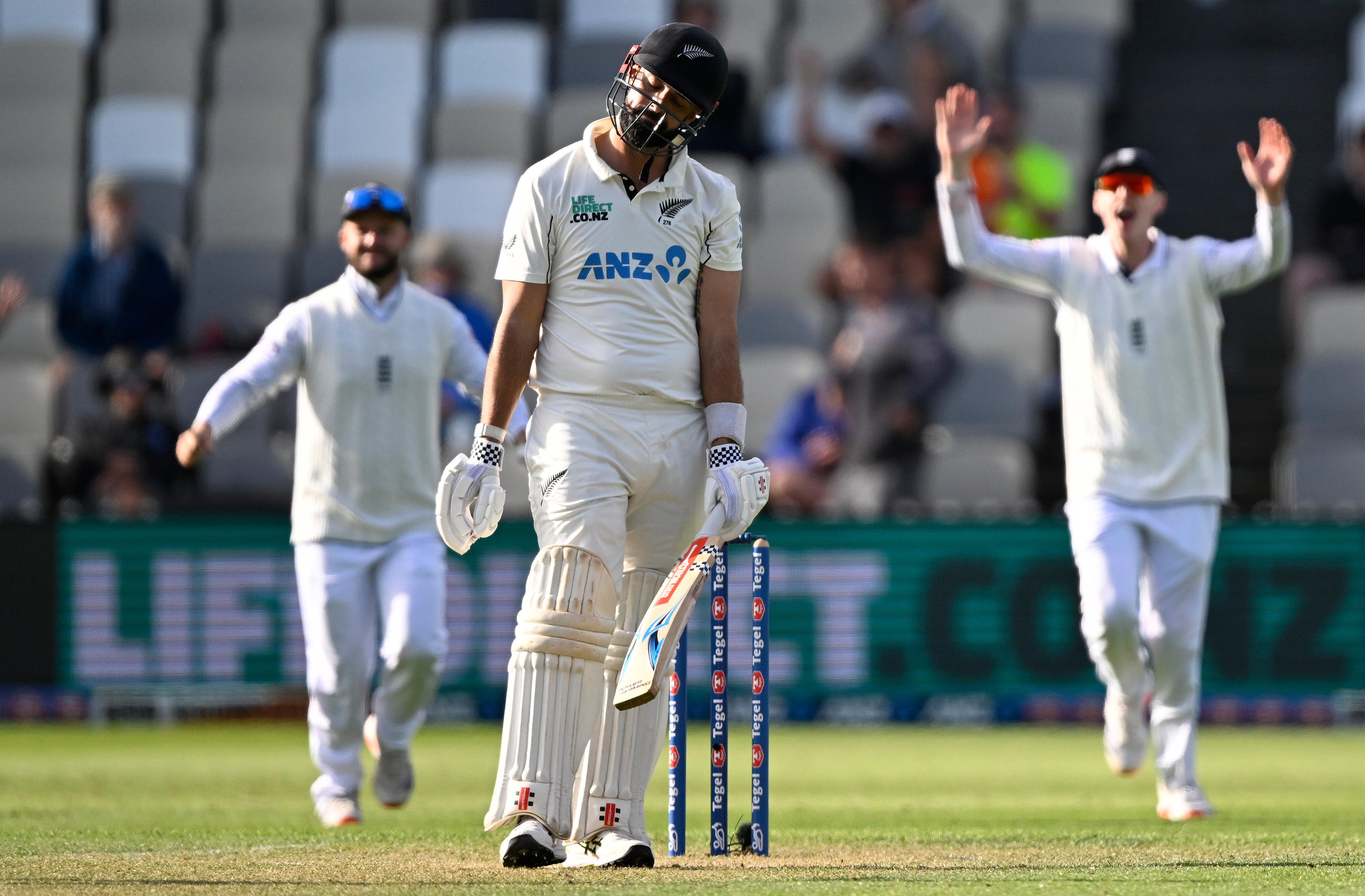 Daryl Mitchell is dismissed late on the first day of the second test. Photo / Photosport