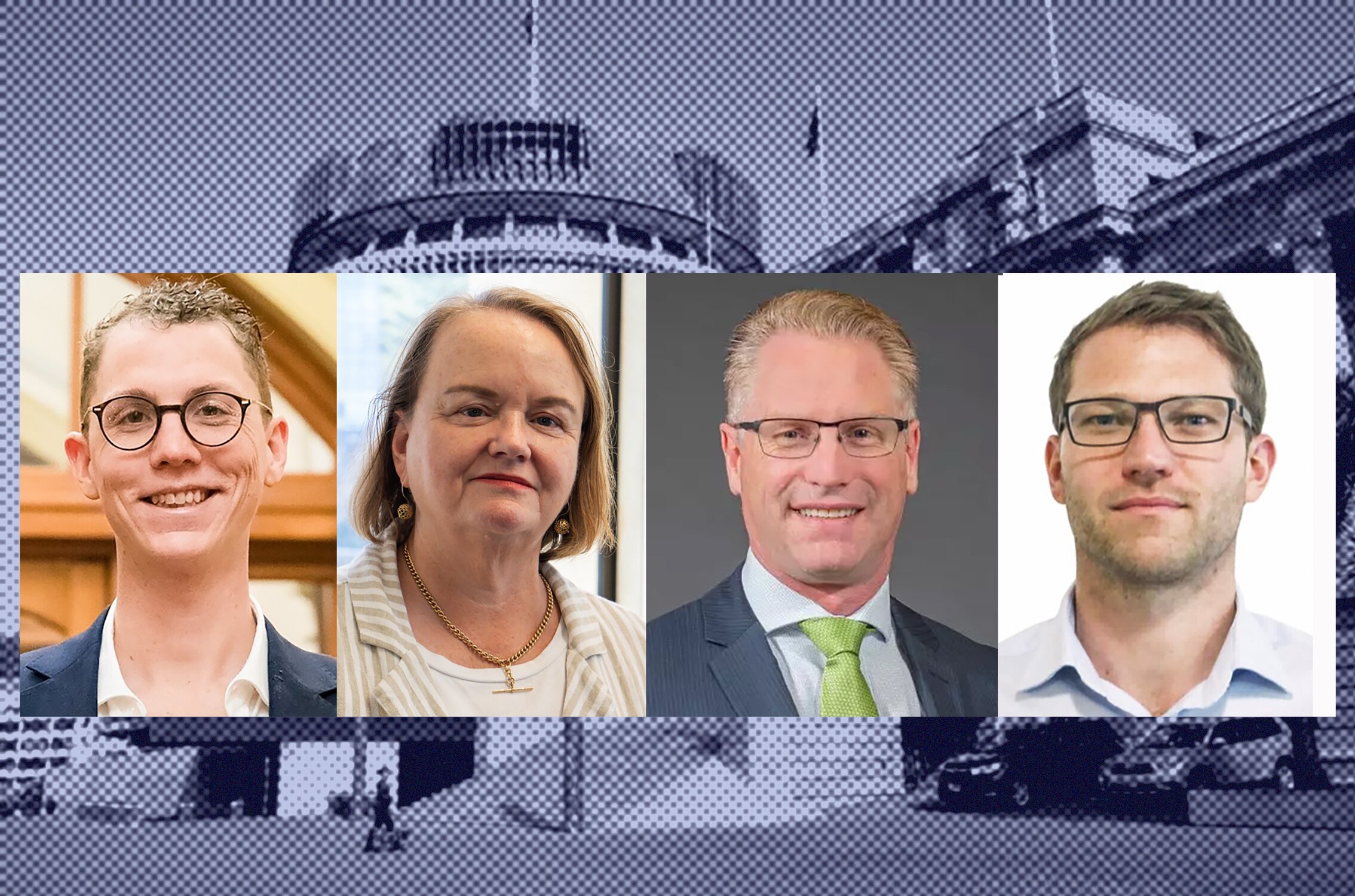 Senior economic adviser Joe Ascroft, specialist ministerial adviser Sarah Boyle, chief policy adviser Matt Burgess and lead adviser Gareth Hollins. Photo / NZME