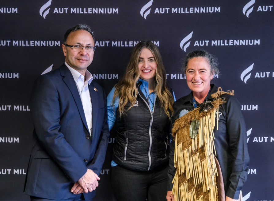 AUT vice-chancellor Damon Salesa, Dr Beth McQuiston and Professor Patria Hume ONZM. Photo / Supplied