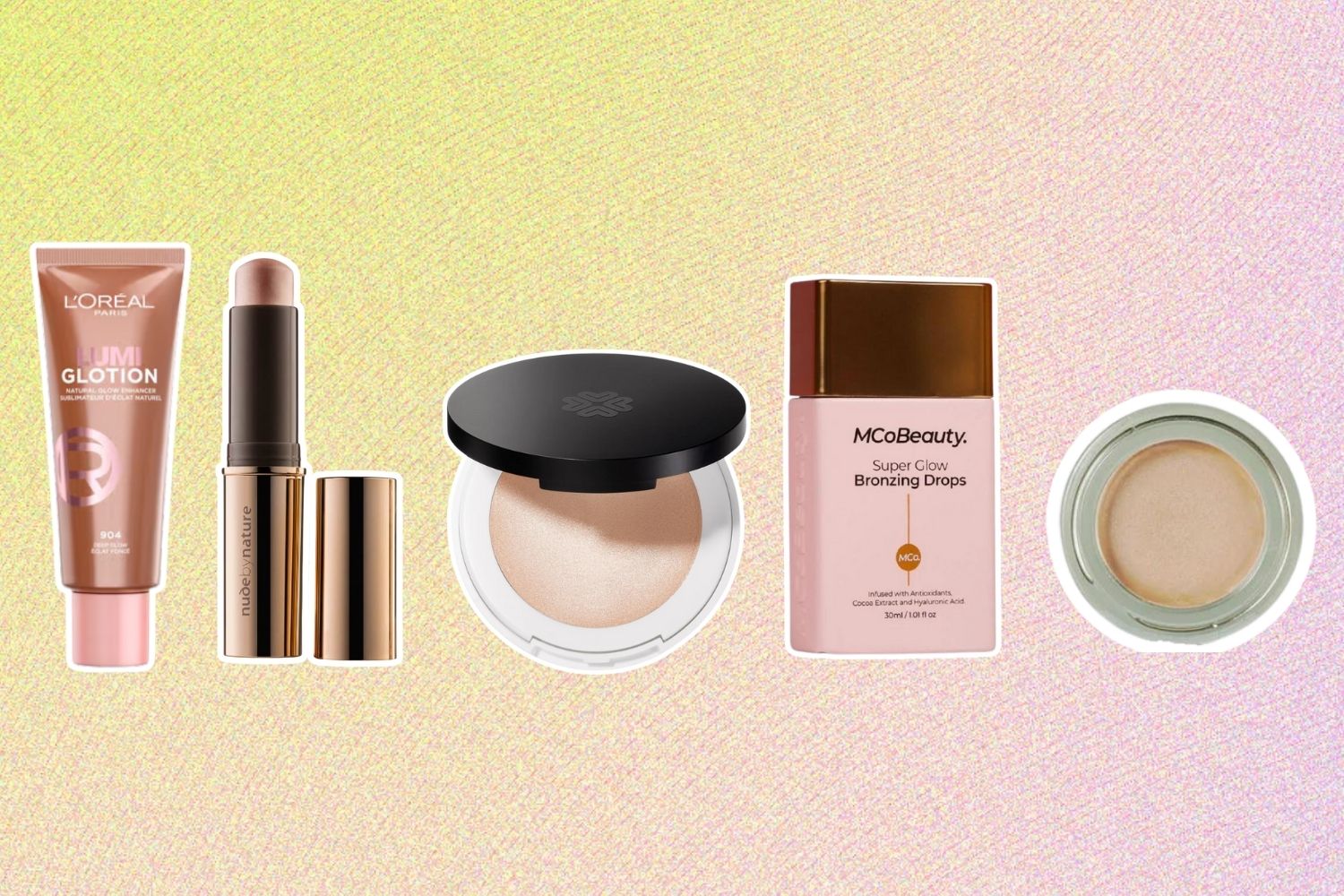 From left: L’Oreal Paris Lumi Glotion; Nude by Nature Touch Of Glow Highlight Stick; Lily Lolo Cream Illuminator; MCo Beauty Super Glow Bronzing Drops; Maryse Dew.