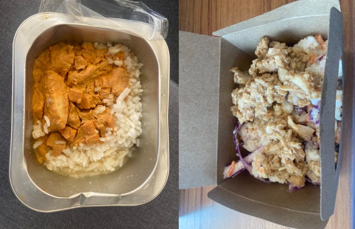 A butter chicken lunch from Lincoln Heights school (left) and a chicken teriyaki lunch at Massey Primary School. Photo / RNZ / Louise Ternouth