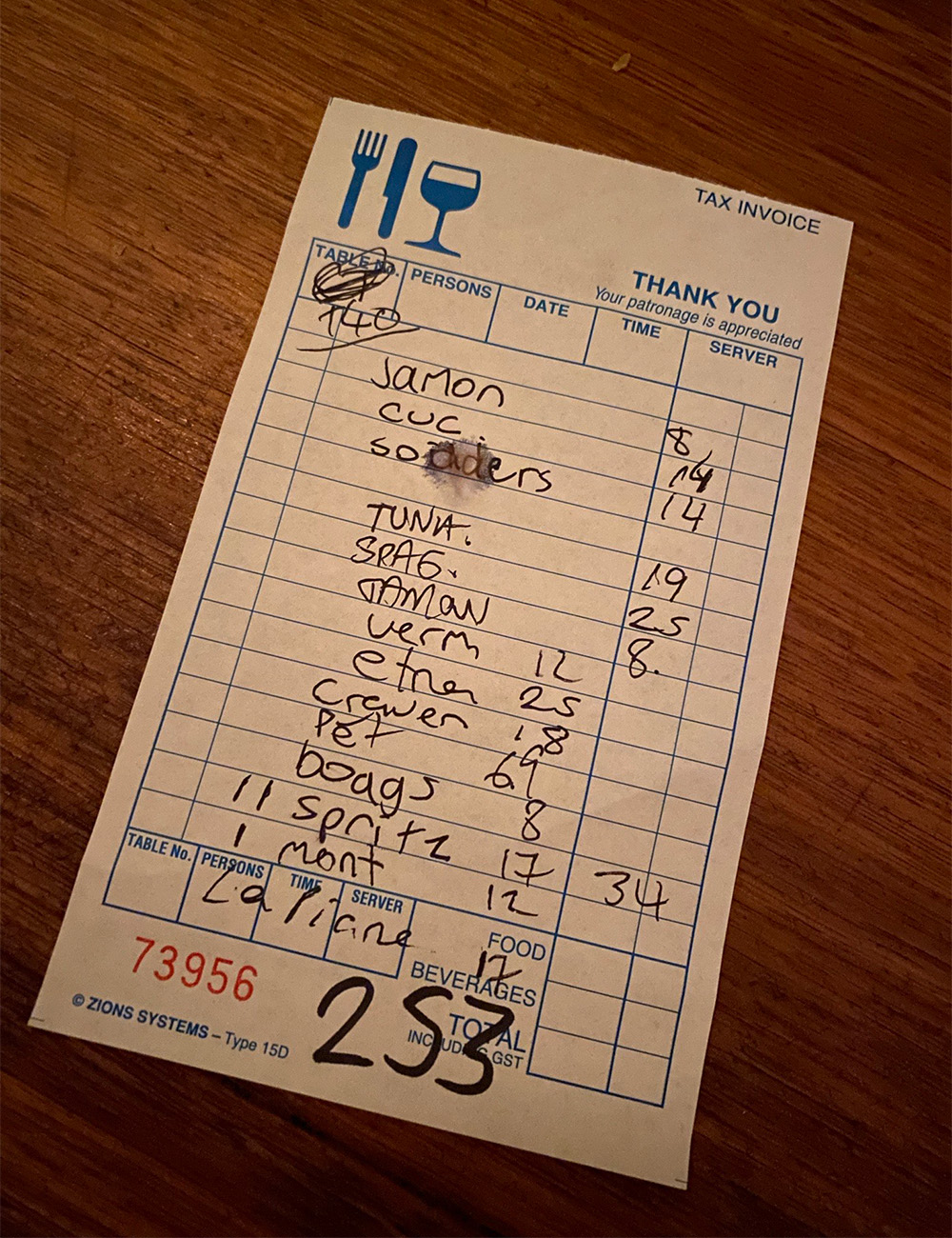 The handwritten receipt Beth Brash kept from Sonny wine bar. Photo / Beth Brash