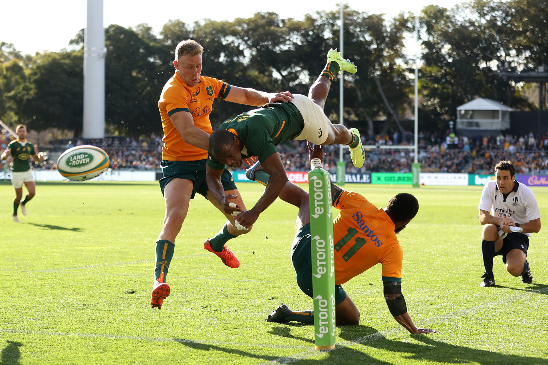 Marika Koroibete's try-saving tackle on Makazole Mapimpi. Photo / Getty