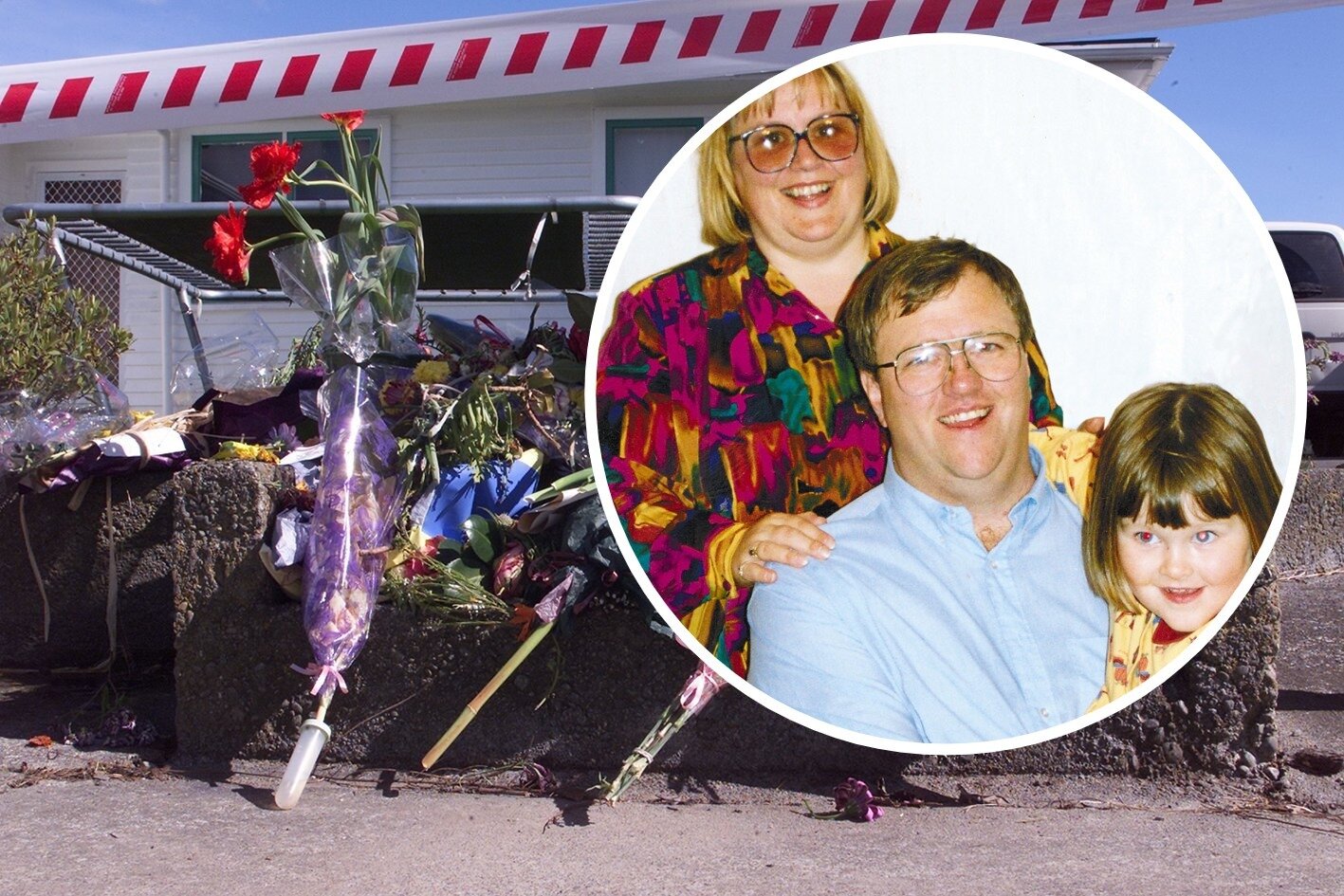 Christine, Mark and Amber Lundy and their former home. Mark Lundy was convicted of murdering Christine and Amber, and now seeks parole. Composite image / NZ Herald