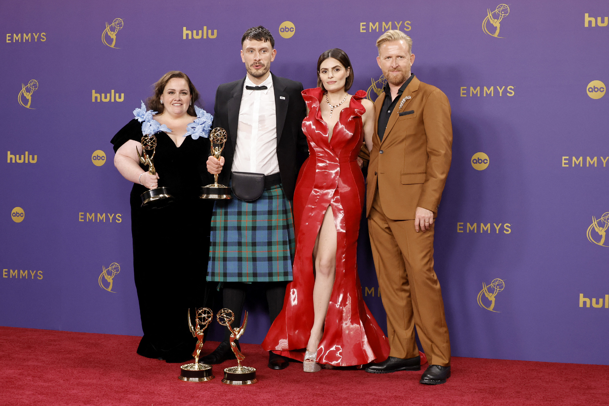 Jessica Gunning, Richard Gadd, Nava Mau and Tom Goodman-Hill -winners of the Outstanding Limited or Anthology Series award for Baby Reindeer at the 76th Primetime Emmy Awards. Photo / AFP
