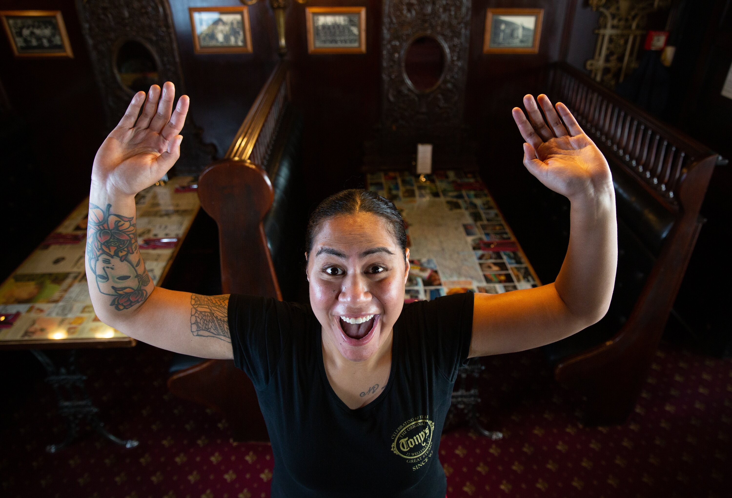 Comedian and actor Sieni Leo'o Olo, known as Bubbah, photographed at Tony's Restaurant in Auckland CBD, where she works in her day job. Photo / Sylvie Whinray