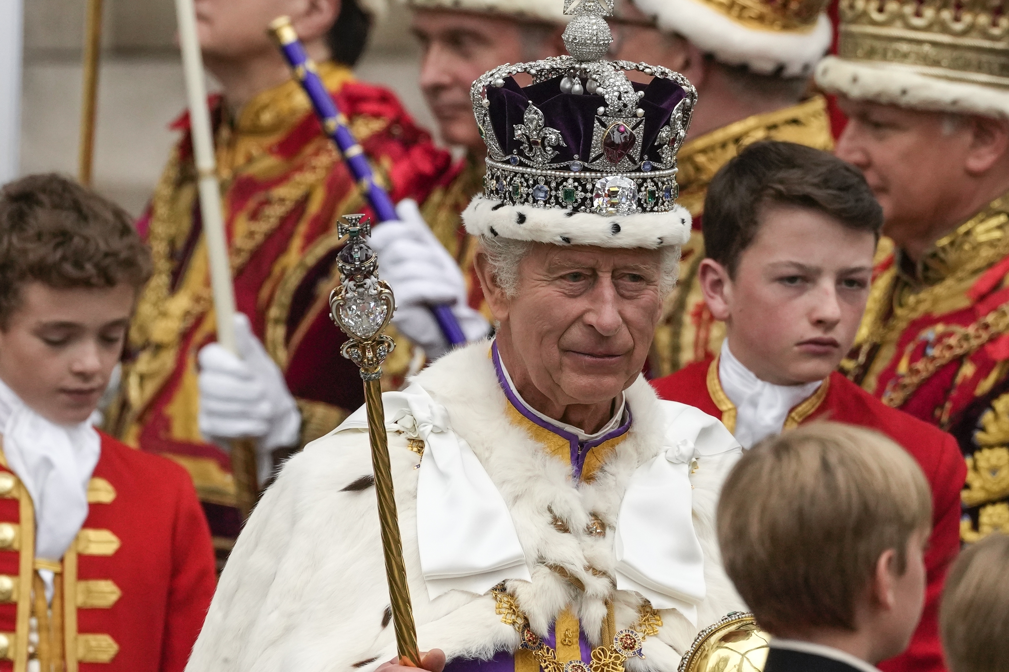 Britain's King Charles III departs Westminster Abbey after his coronation ceremony. Photo / AP
