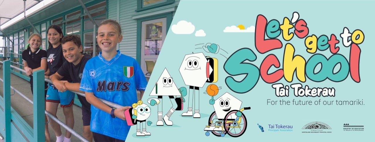 One of the 'Let's Get to School' campaign posters, featuring Kamo Primary School students.
