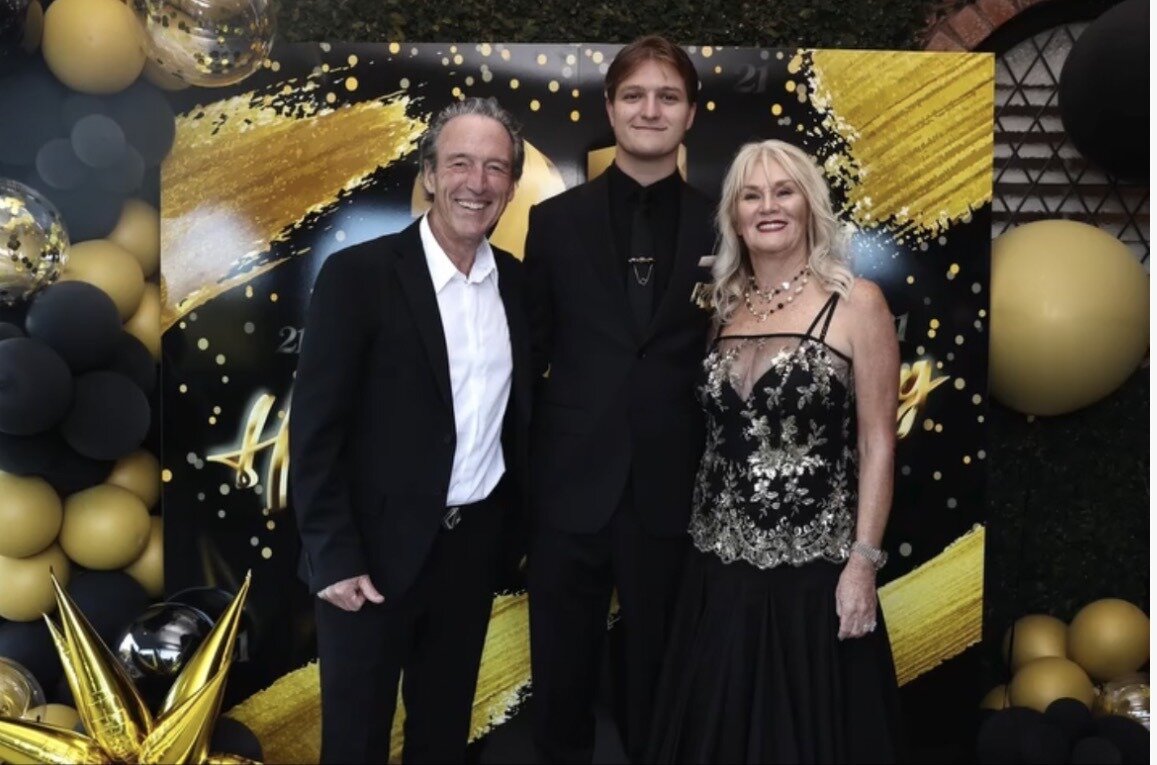 Graeme Hart, grandson Fletcher Hawkesby and wife Robyn Hart at Hawkesby's 21st birthday party.