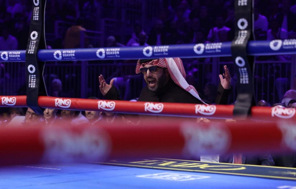 Chairman of General Authority for Entertainment Turki Al-Sheikh shouts ringside during the The Last Crescendo undercard in Riyadh, Saudi Arabia. Photo / Getty Images