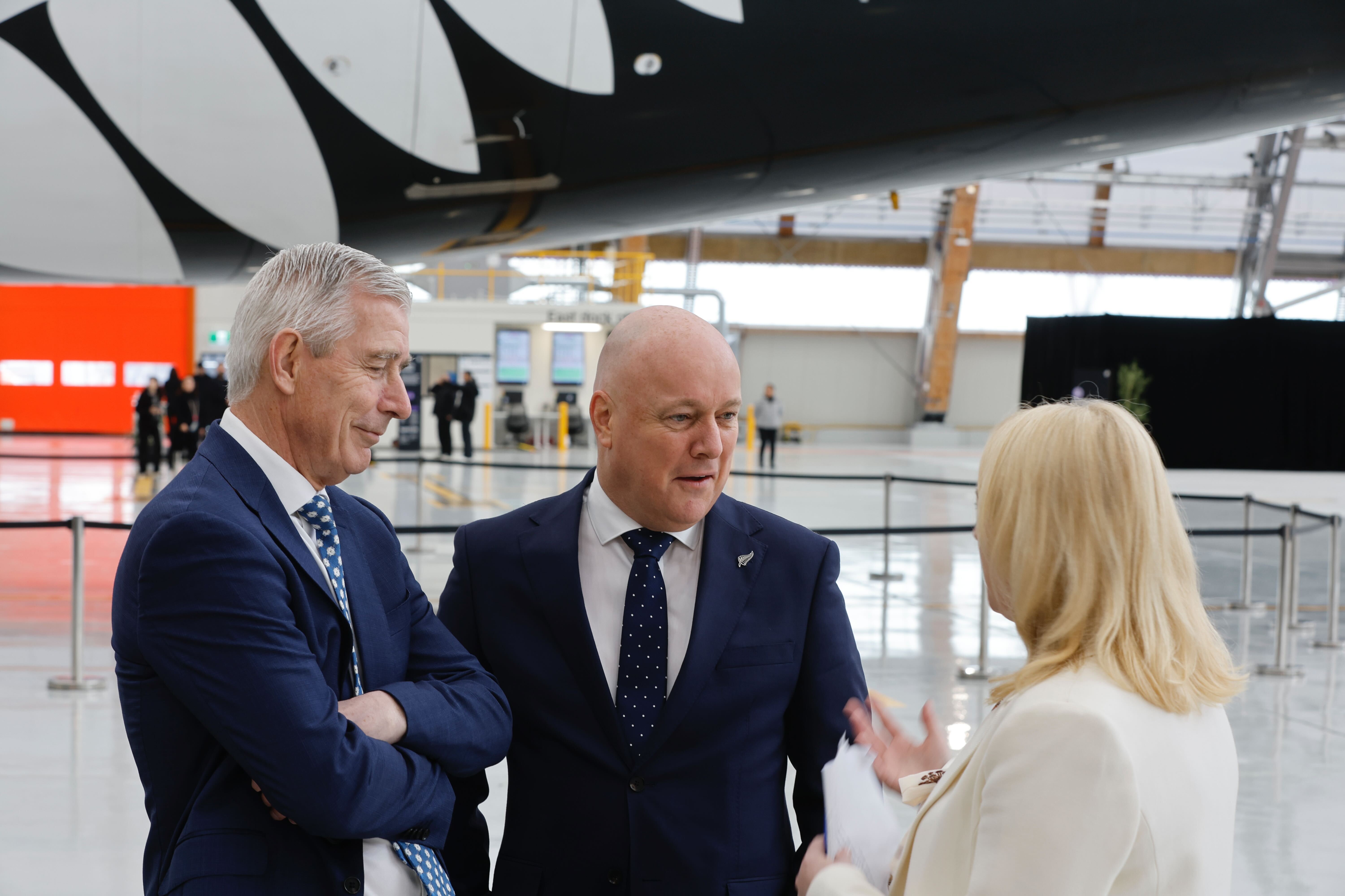 Air NZ chief executive Greg Foran with Prime Minister Christopher Luxon and Dame Therese Walsh. Photo / Michael Craig