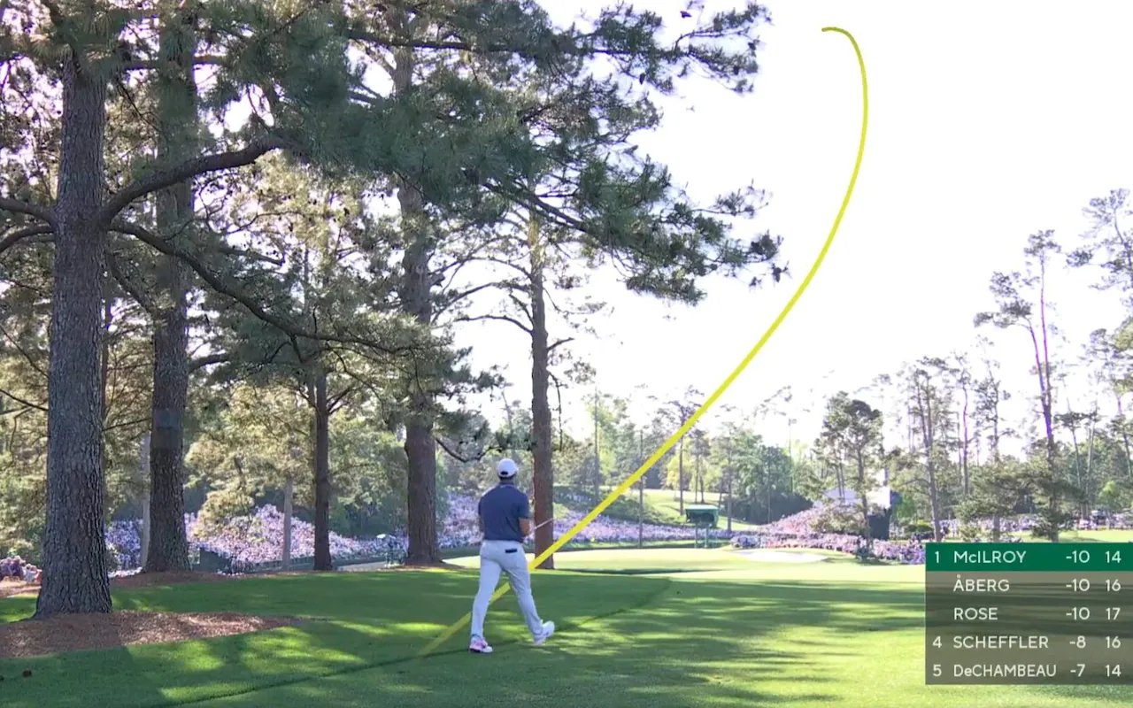 Rory McIlroy hits his stunning second shot on the 15th.