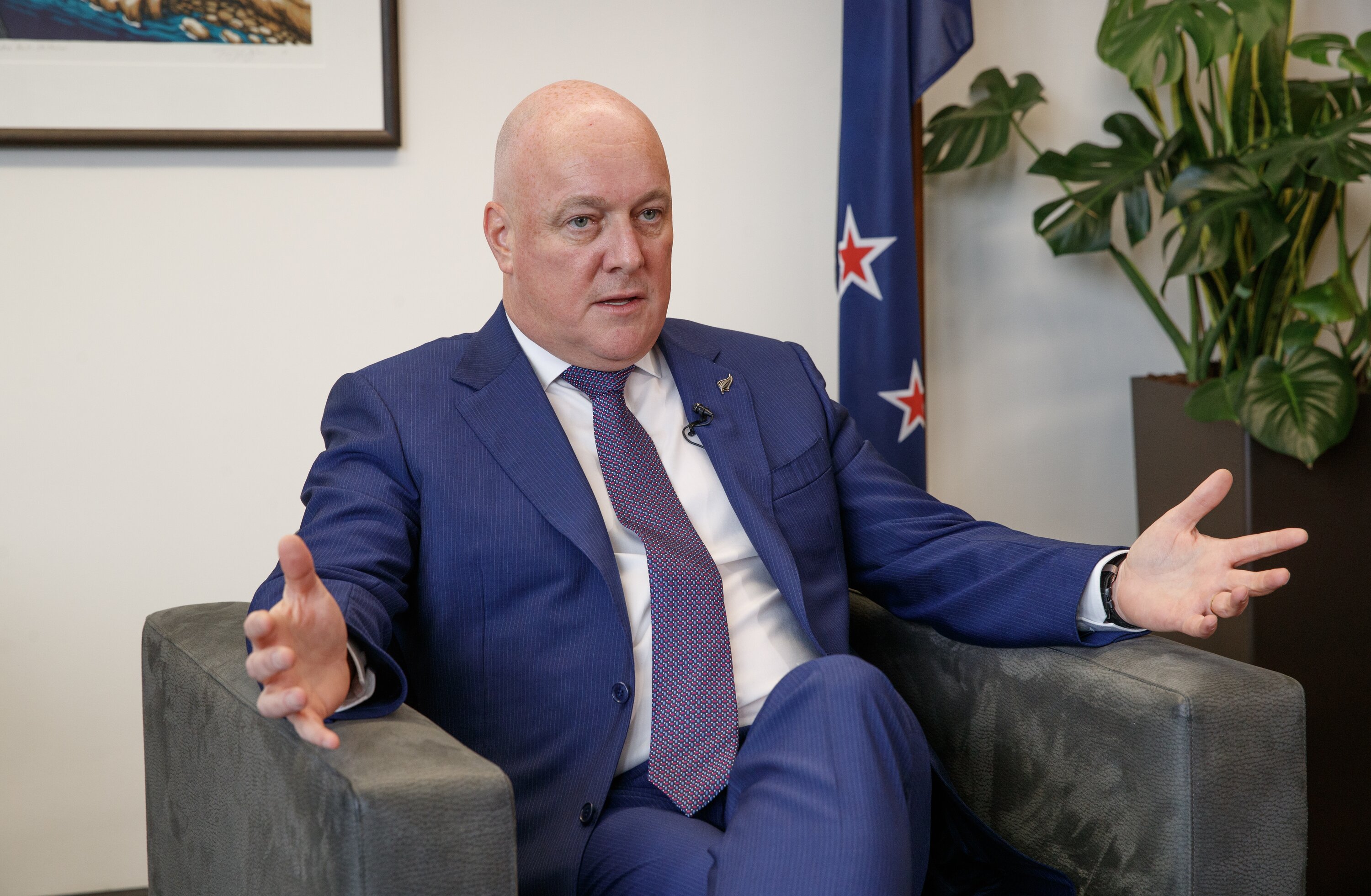 Prime Minister Christopher Luxon in his Beehive office giving an interview for the Herald. Photo / Mark Mitchell



