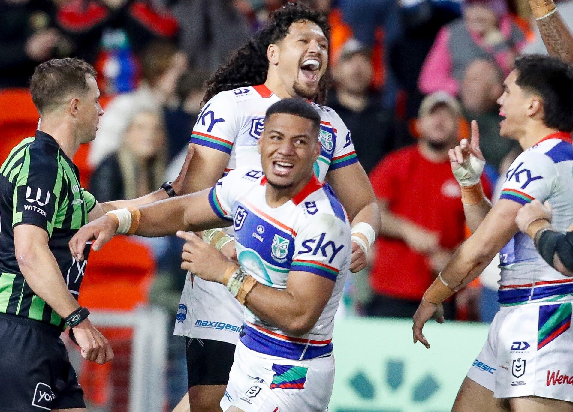Leka Halasima celebrates scoring against the Newcastle Knights. Photo / Photosport