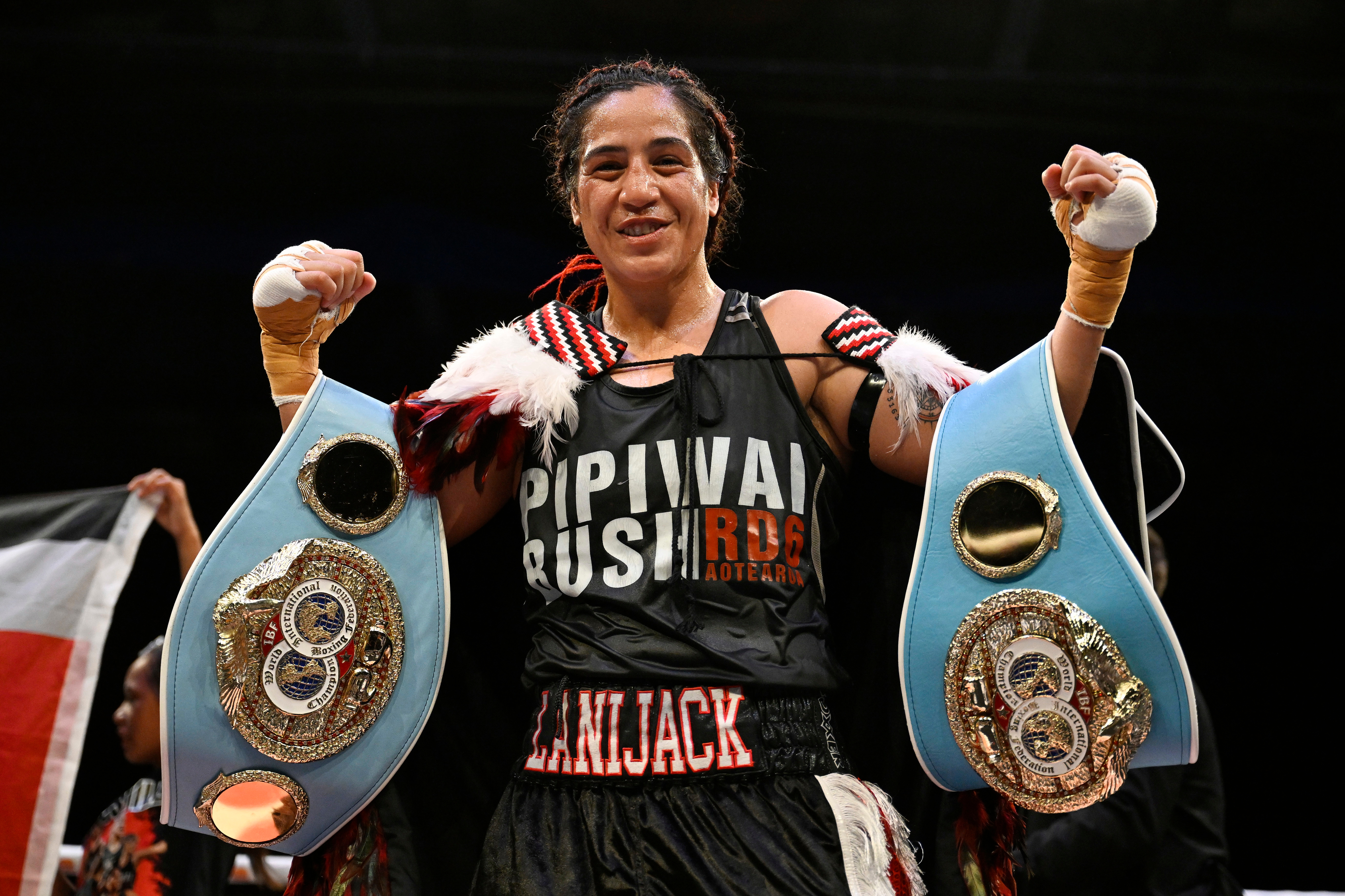 Lani Daniels celebrates retaining the IBF Light Heavyweight World Title. Photo / Photosport