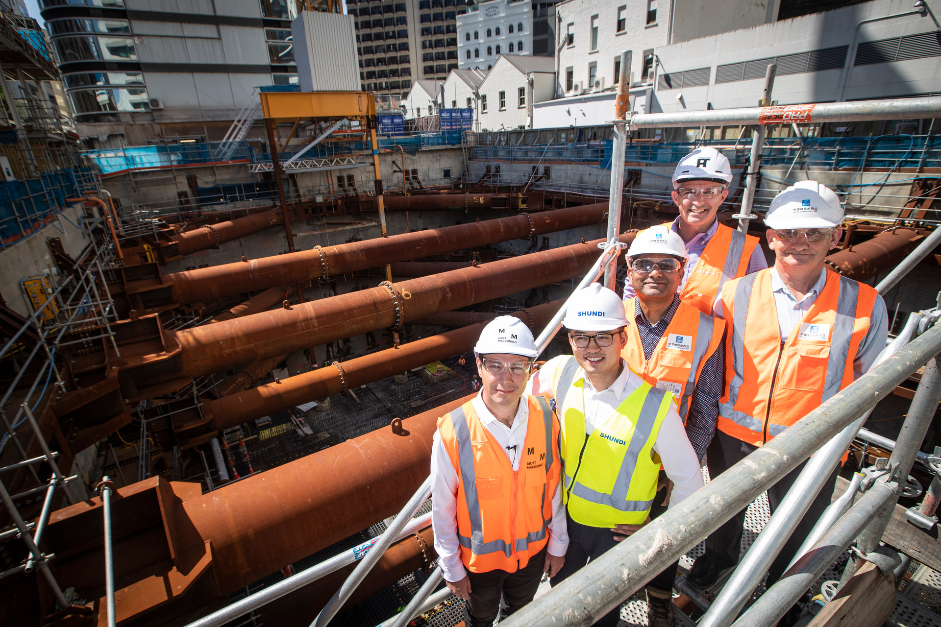 On Seascape some years ago: engineer Nick Gillespie, senior project manager Simon Ma, construction manager Sathy Thurai-rajah, architect Bradley Luke and project manager Les Honeyfield. Photo / Jason Oxenham 