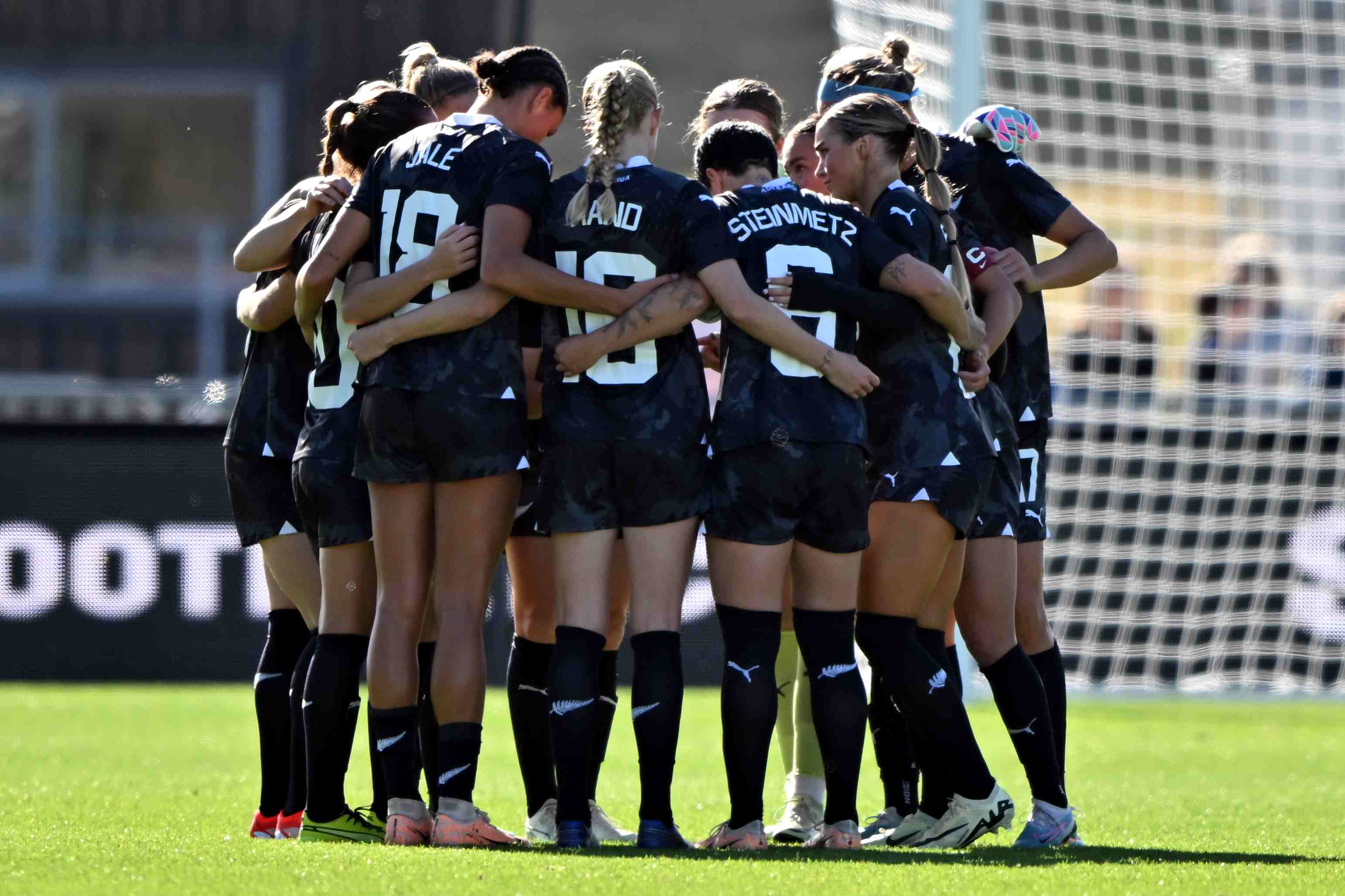 New Zealand huddle during the friendly match against Thailand at Apollo Projects Stadium on April 6, 2024, in Christchurch. Photo / Getty Images