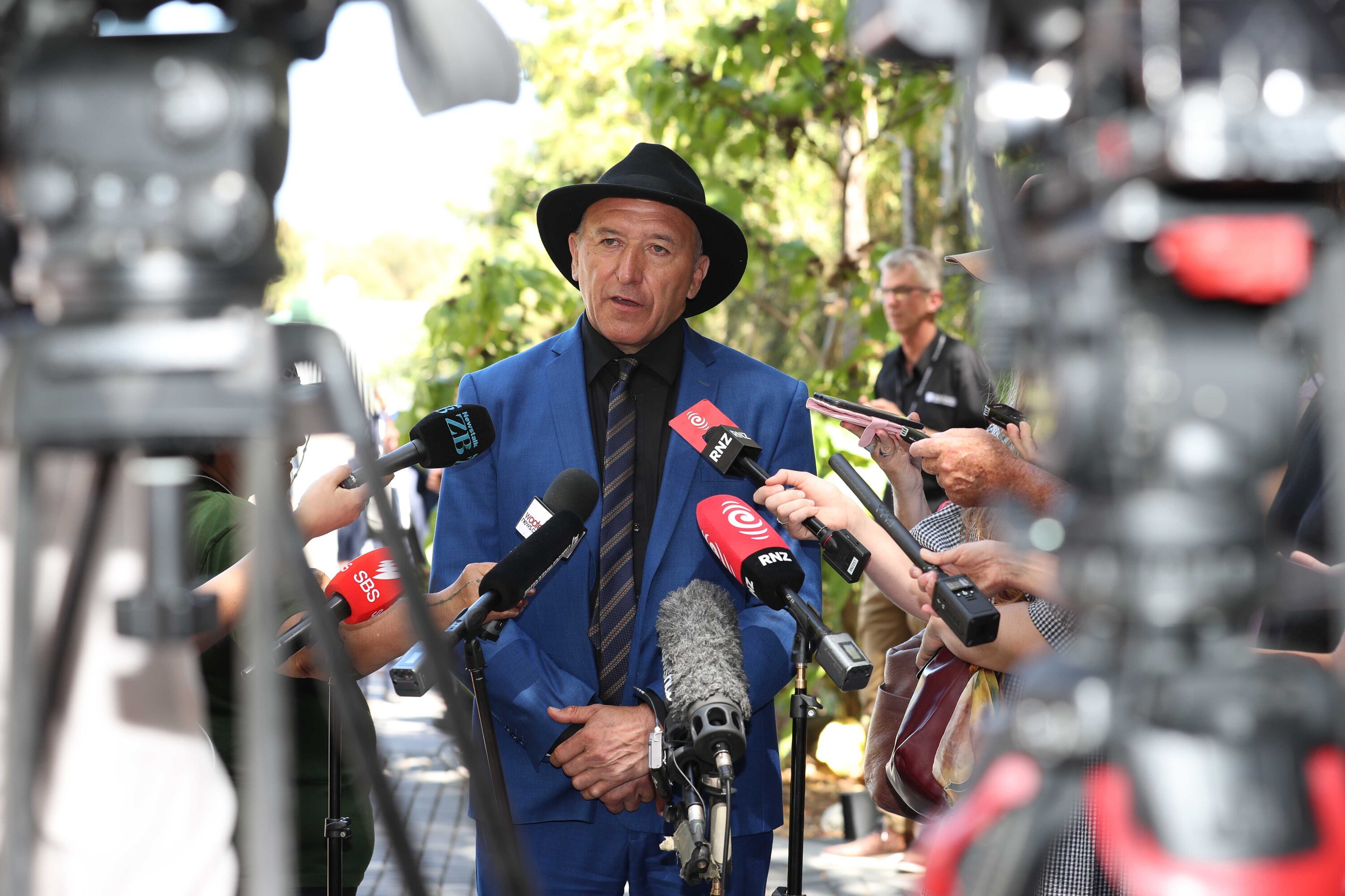 Waitangi National Trust board chairman Pita Tipene speaking to media. Photo / Michael Cunningham