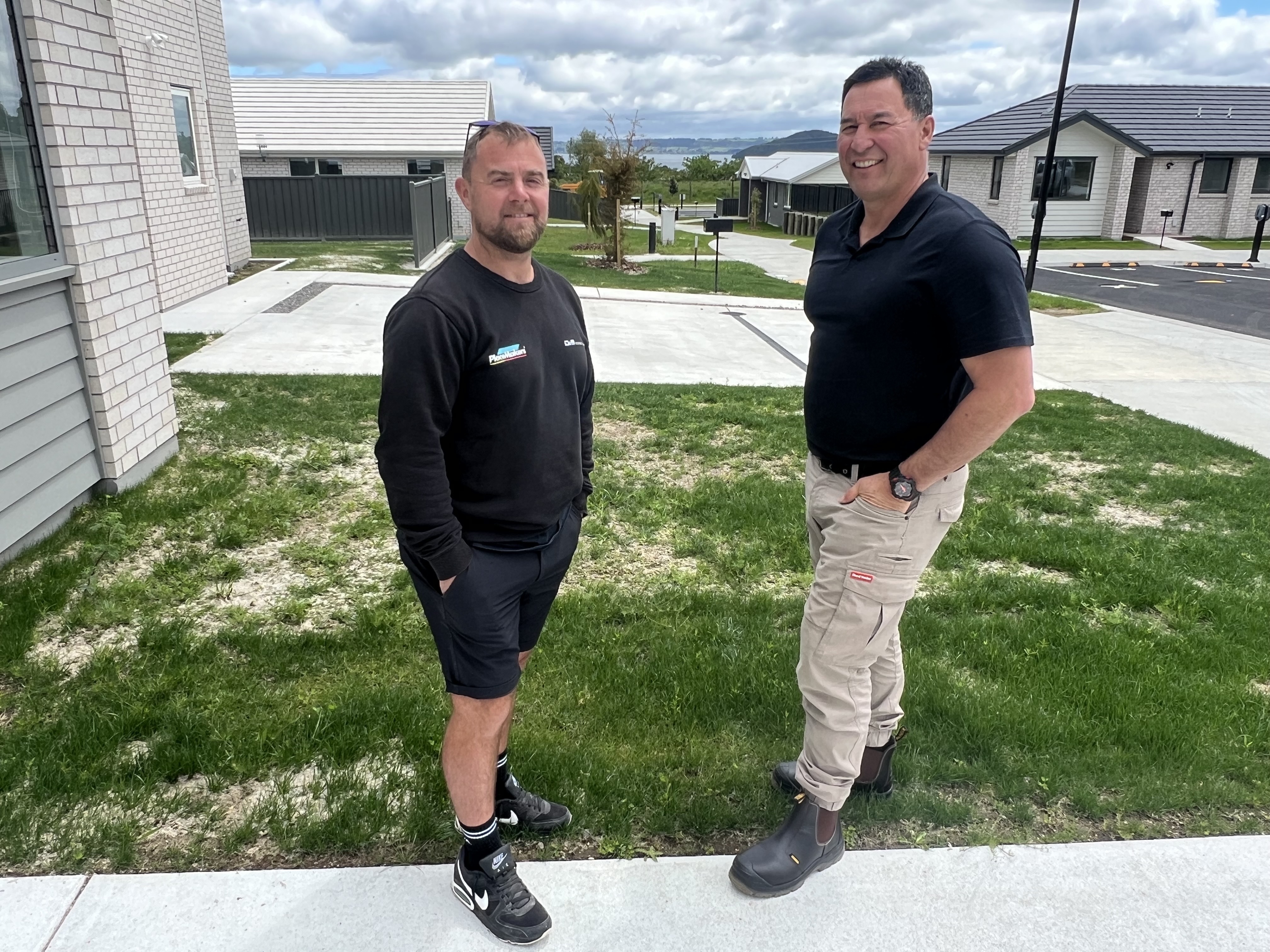 Construction manager Dave Merrett (left) and Ngāti Whakaue Tribal Lands general manager Ray Morrison (right) at Manawa Gardens in Rotorua. Photo / Kelly Makiha