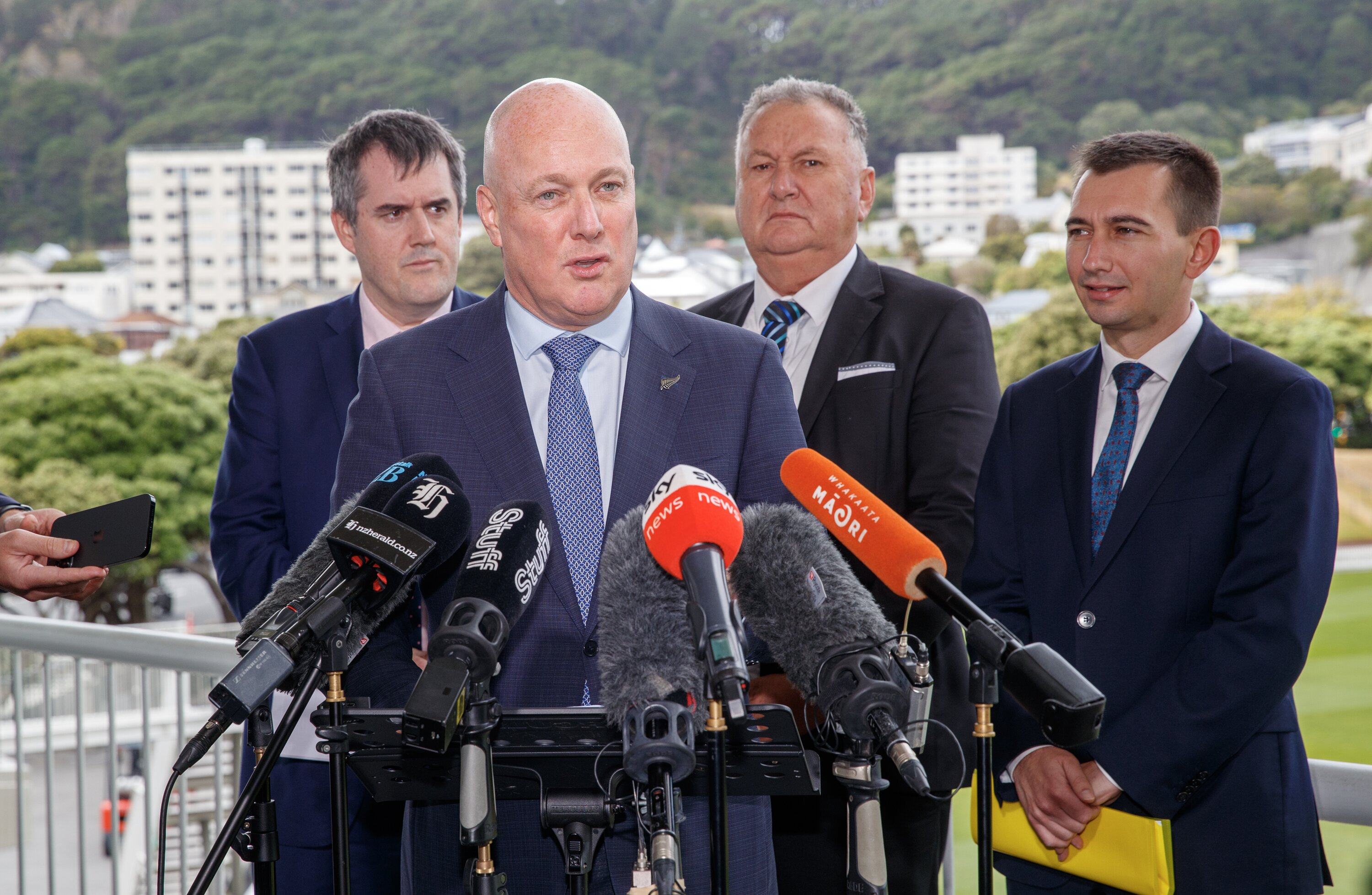 Prime Minister Christopher Luxon (front), RMA Reform Minister Chris Bishop (left rear), Regional Development Minister Shane Jones (centre rear) and Transport Minister Simeon Brown. Photo / Mark Mitchell