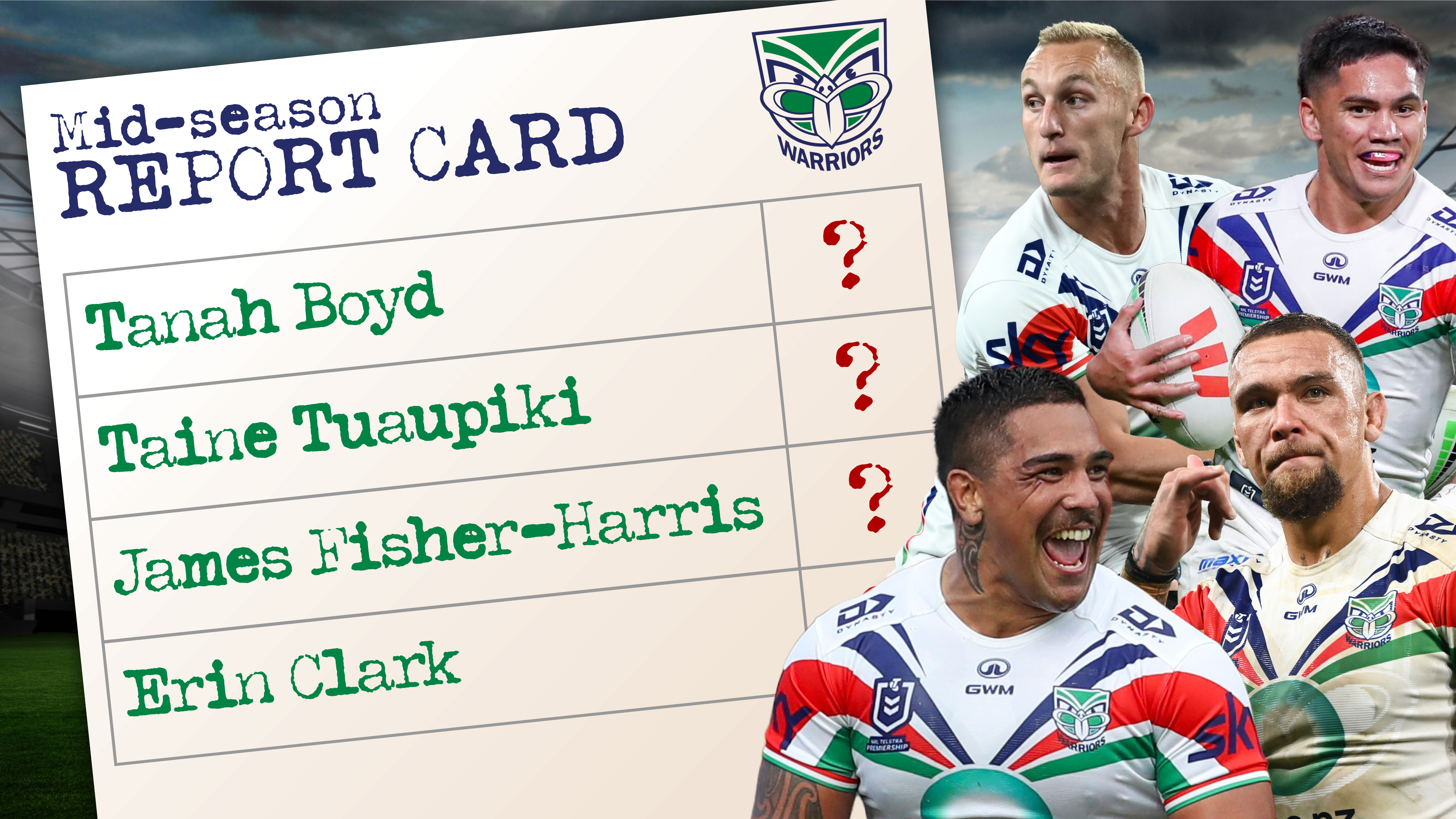 Warriors 2026 mid-season report card. How does the Herald's Ben Francis rate the players. Photo / Photosport; Graphic / NZ Herald