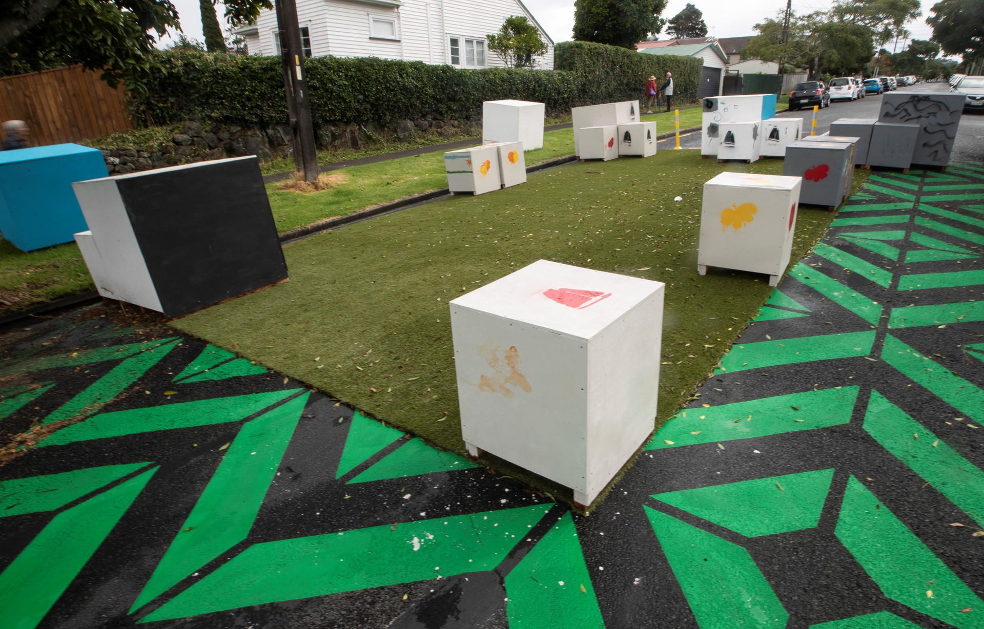 Plywood boxes, paint and outdoor carpet in the Innovating Streets project in Onehunga. Photo / Jason Oxenham