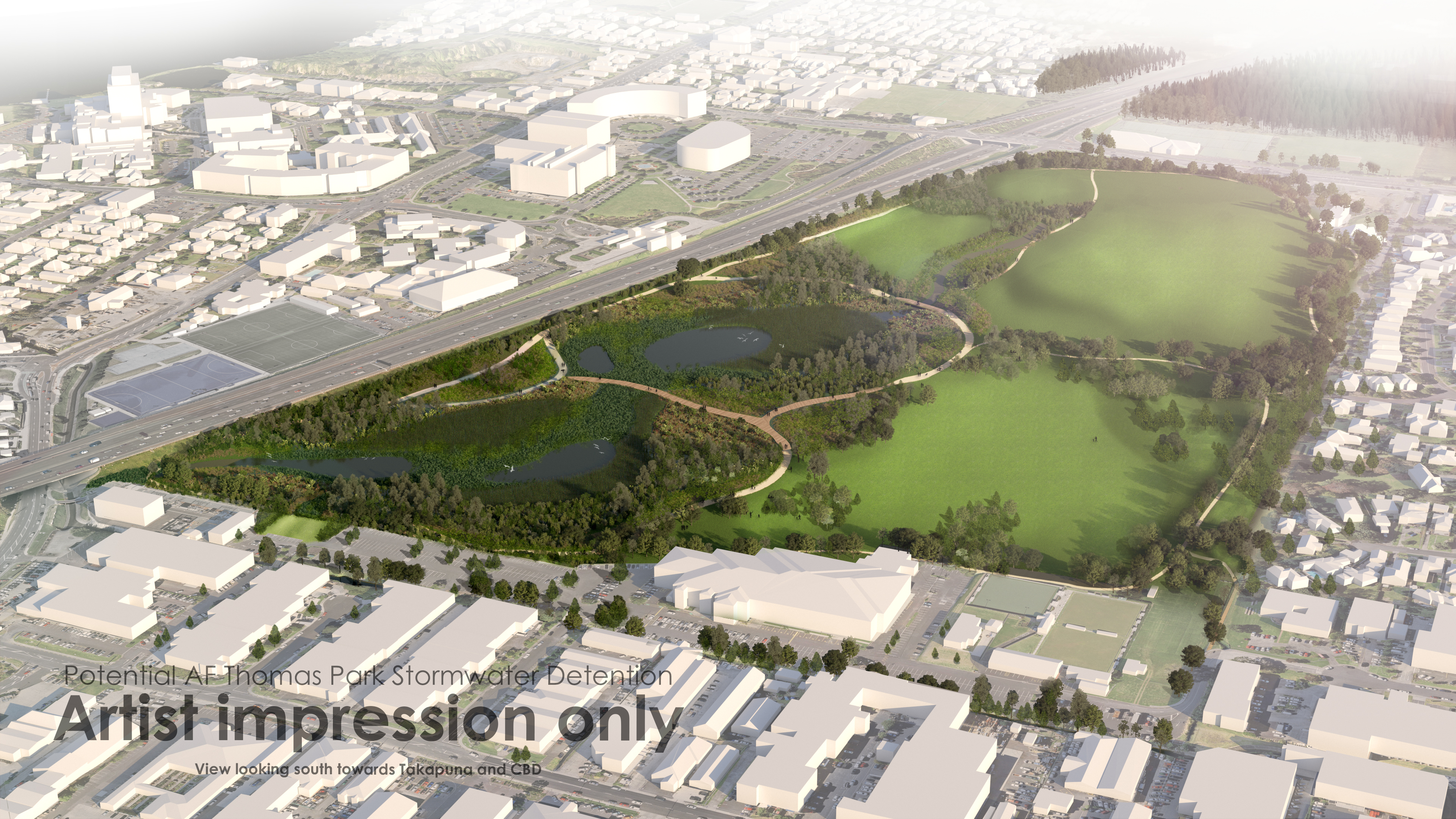 Artist's impression of a new wetland proposed by Healthy Waters on the land currently occupied by the Takapuna Golf Course.