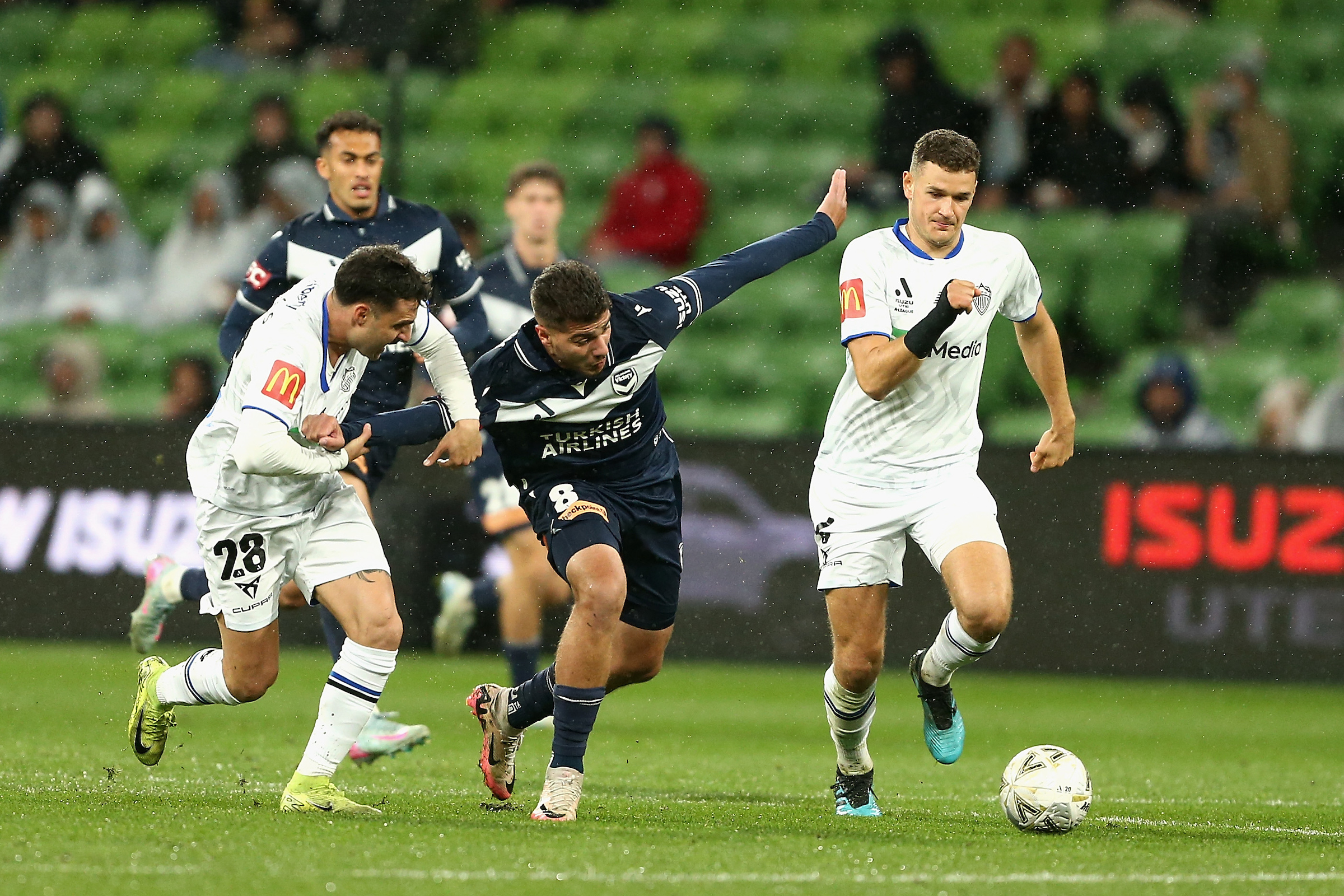 The Victory's Zinedine Machach battles for the ball during the A-League semifinal against Auckland FC. Photo / Photosport