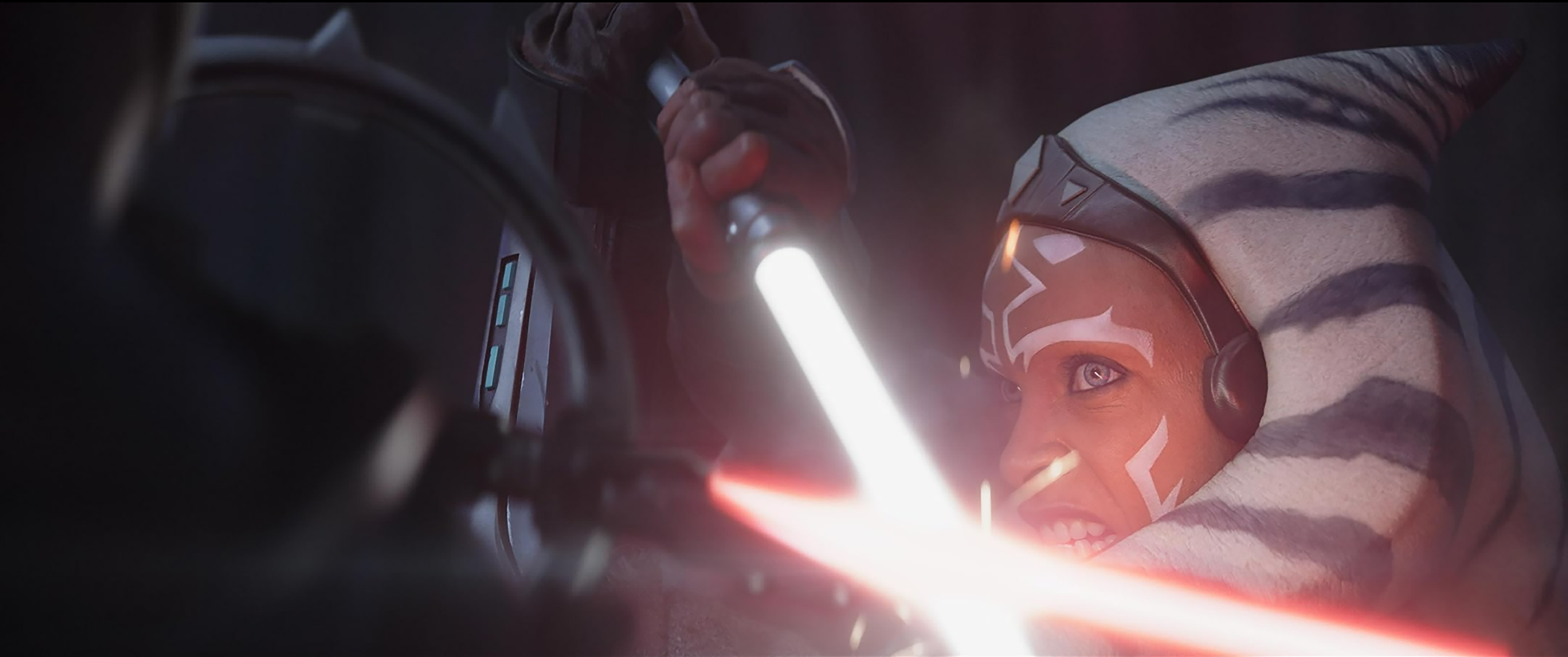 Ahsoka wields double lightsabers.